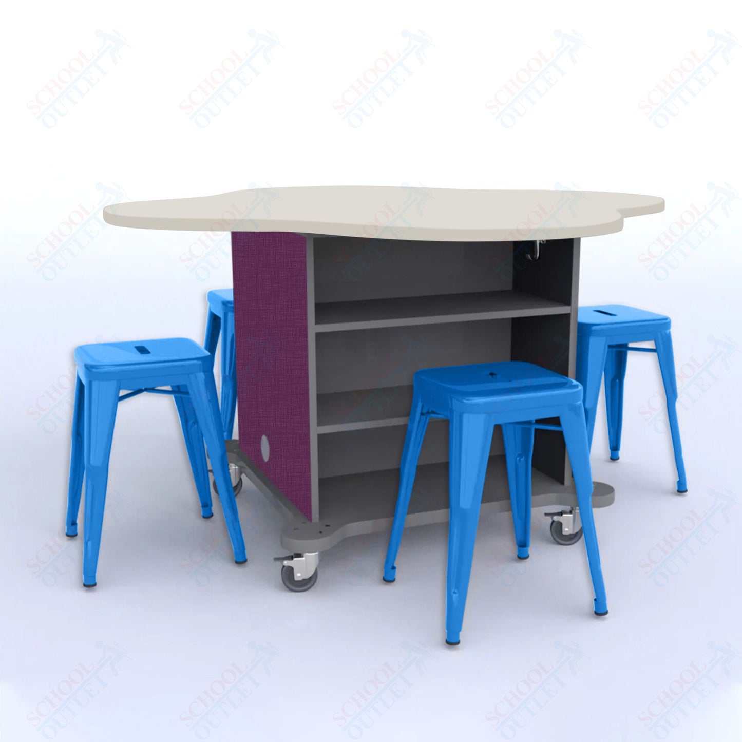 CEF Creation Cube Double-Sided Storage Table - 30"H, High-Pressure Laminate Base and Clover Top - 4 Metal Stools Included