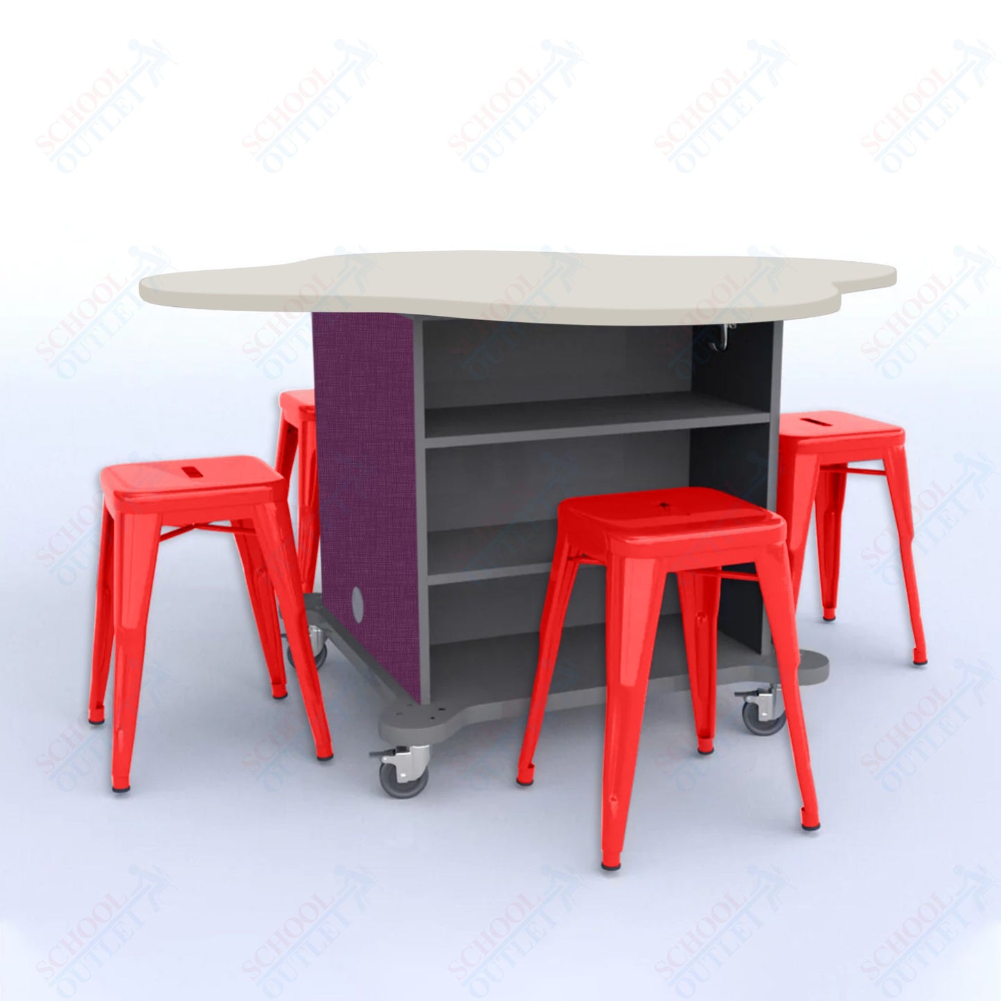 CEF Creation Cube Double-Sided Storage Table - 30"H, High-Pressure Laminate Base and Clover Top - 4 Metal Stools Included