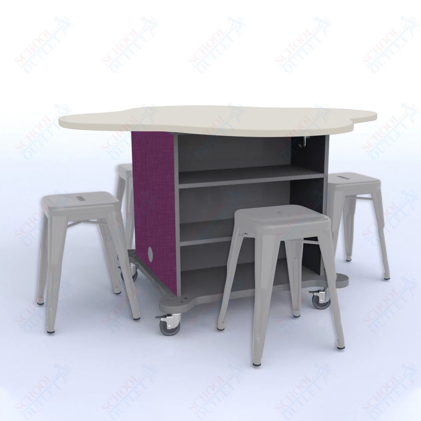 CEF Creation Cube Double-Sided Storage Table - 30"H, High-Pressure Laminate Base and Clover Top - 4 Metal Stools Included