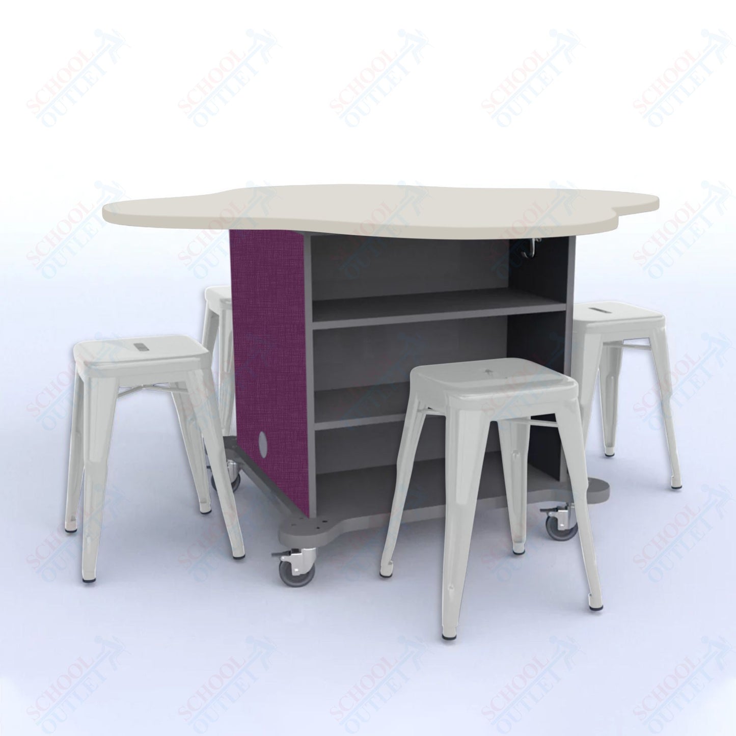 CEF Creation Cube Double-Sided Storage Table - 30"H, High-Pressure Laminate Base and Clover Top - 4 Metal Stools Included