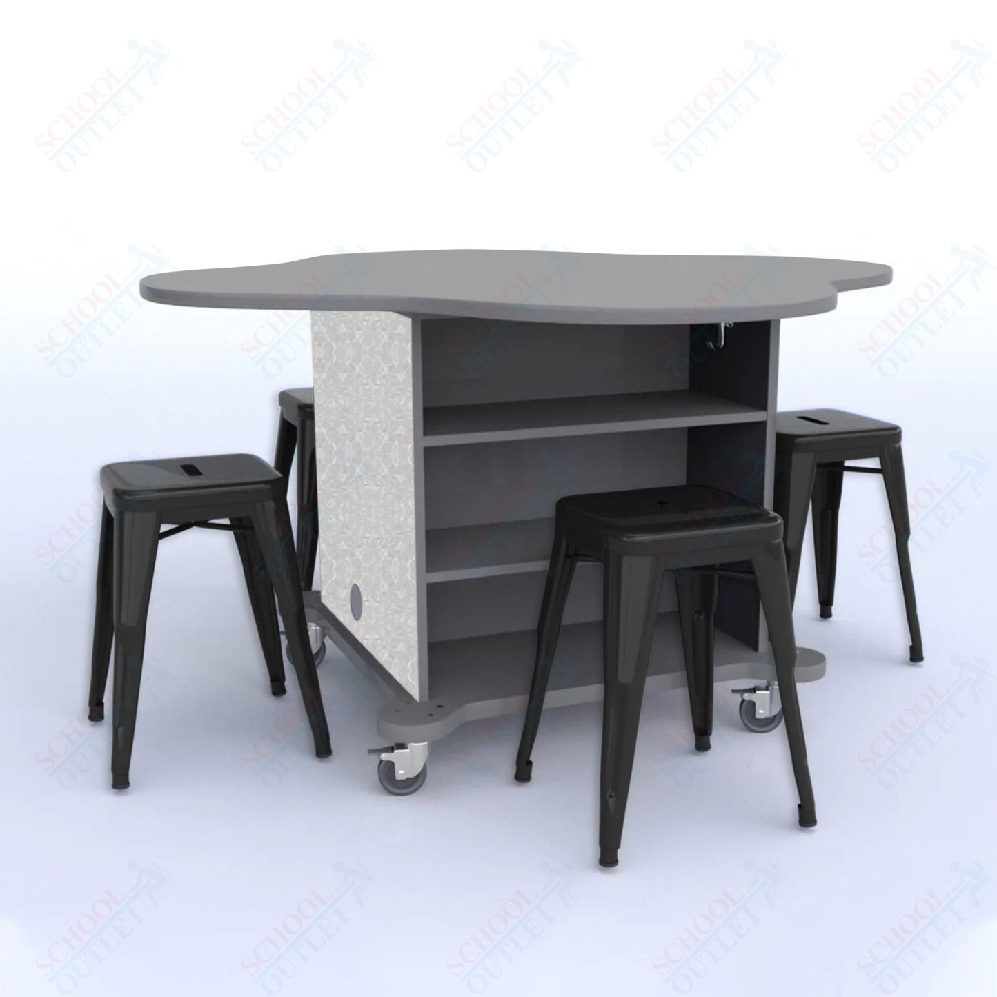 CEF Creation Cube Double-Sided Storage Table - 30"H, High-Pressure Laminate Base and Clover Top - 4 Metal Stools Included