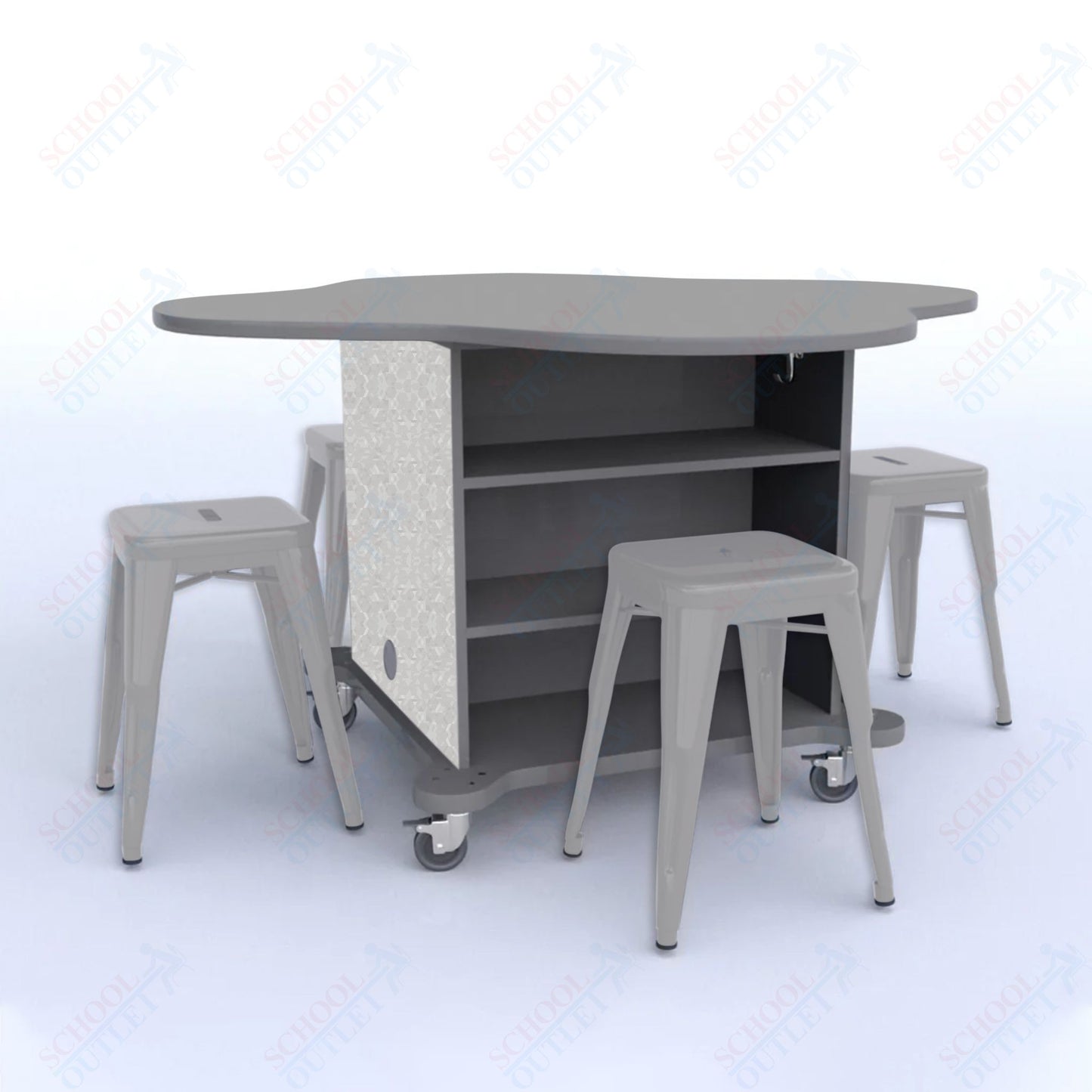 CEF Creation Cube Double-Sided Storage Table - 30"H, High-Pressure Laminate Base and Clover Top - 4 Metal Stools Included