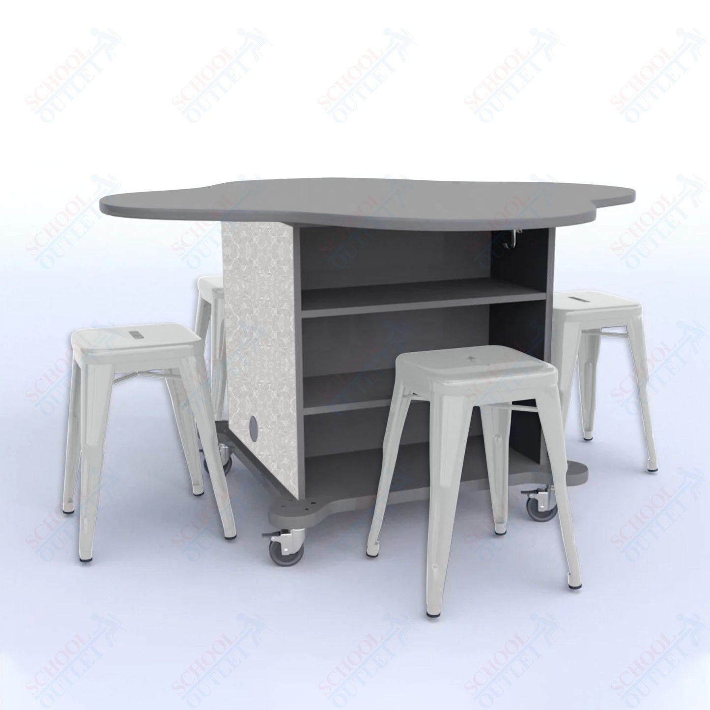 CEF Creation Cube Double-Sided Storage Table - 30"H, High-Pressure Laminate Base and Clover Top - 4 Metal Stools Included