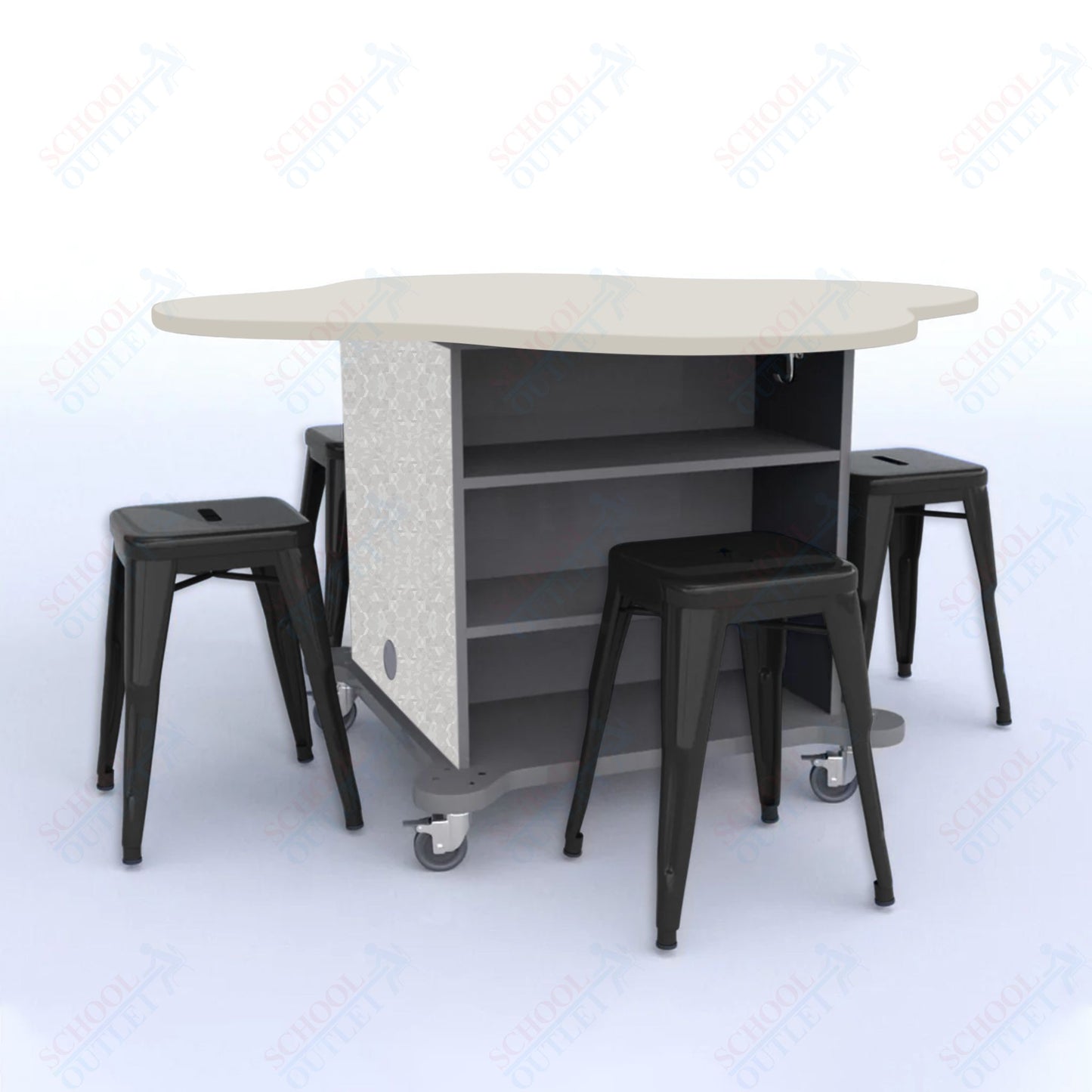 CEF Creation Cube Double-Sided Storage Table - 30"H, High-Pressure Laminate Base and Clover Top - 4 Metal Stools Included