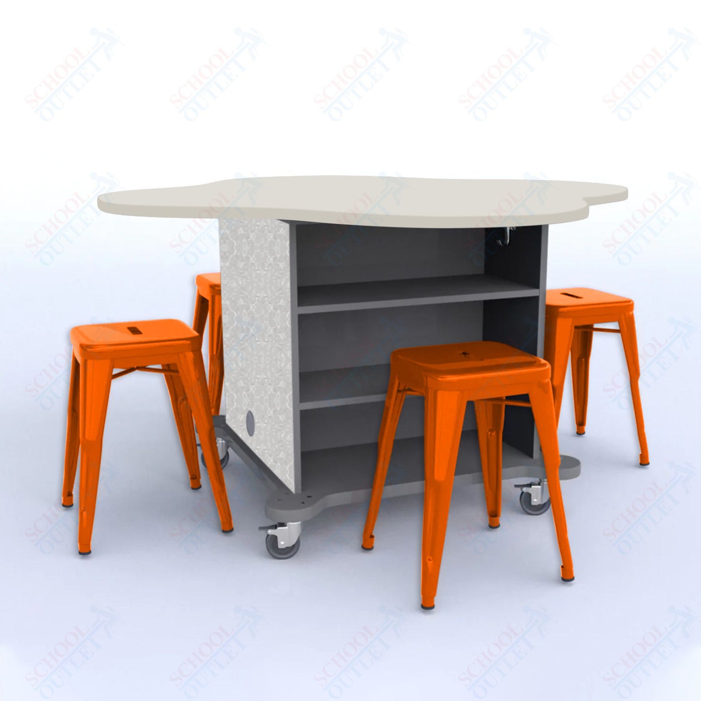 CEF Creation Cube Double-Sided Storage Table - 30"H, High-Pressure Laminate Base and Clover Top - 4 Metal Stools Included