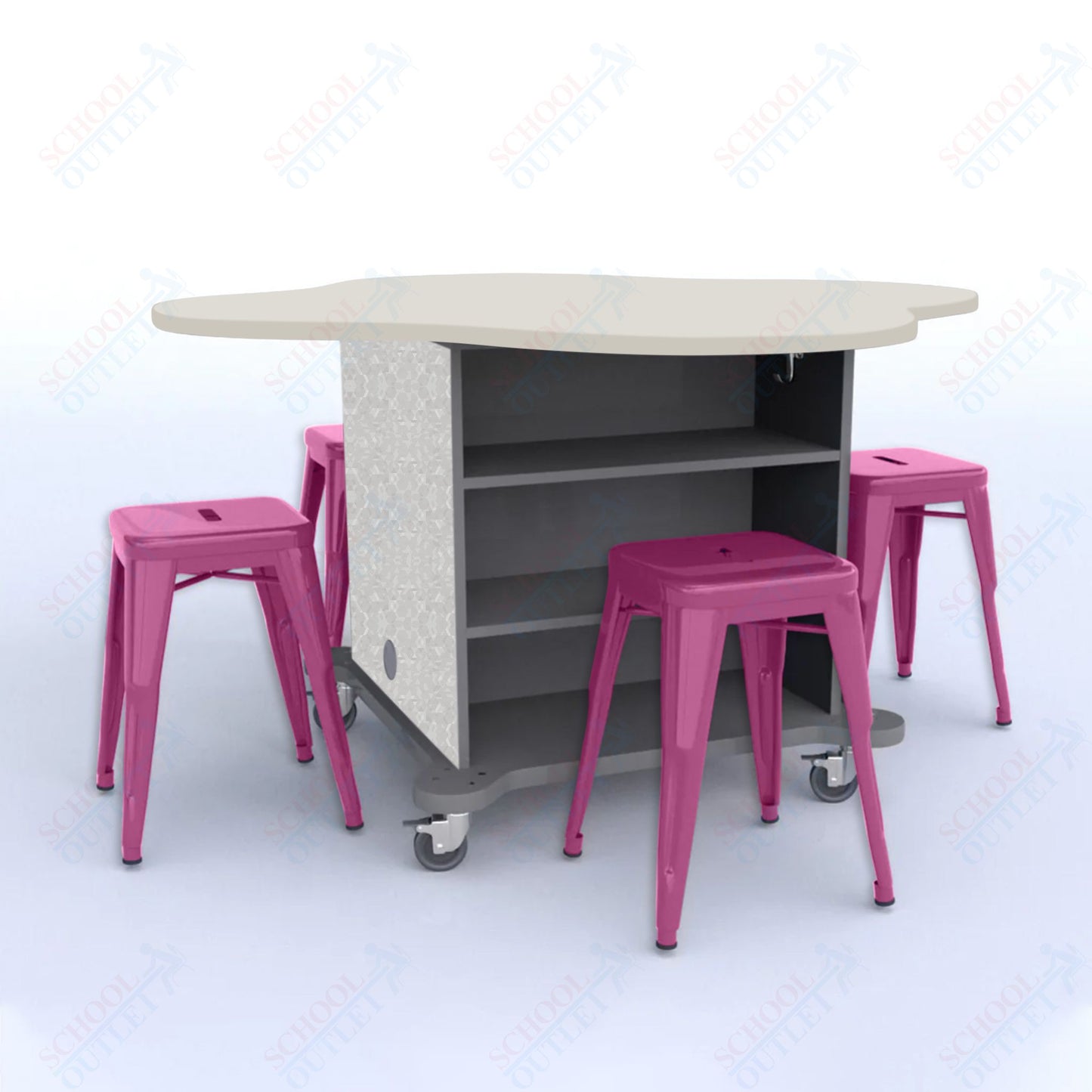 CEF Creation Cube Double-Sided Storage Table - 30"H, High-Pressure Laminate Base and Clover Top - 4 Metal Stools Included
