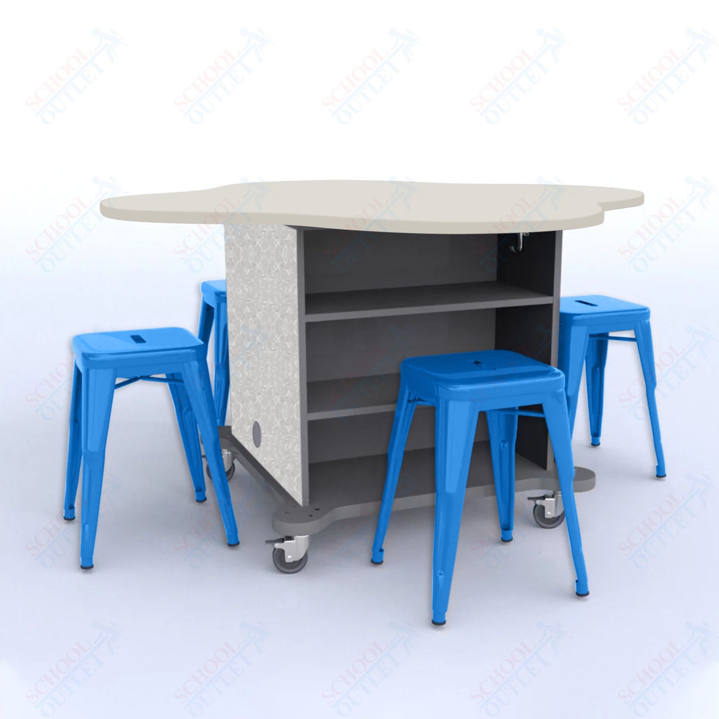 CEF Creation Cube Double-Sided Storage Table - 30"H, High-Pressure Laminate Base and Clover Top - 4 Metal Stools Included