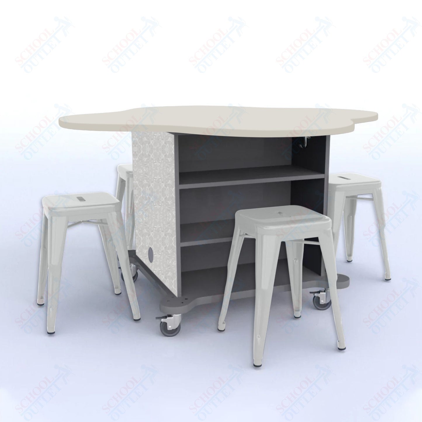 CEF Creation Cube Double-Sided Storage Table - 30"H, High-Pressure Laminate Base and Clover Top - 4 Metal Stools Included