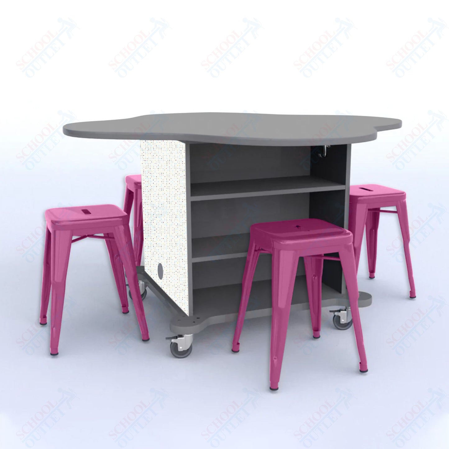 CEF Creation Cube Double-Sided Storage Table - 30"H, High-Pressure Laminate Base and Clover Top - 4 Metal Stools Included