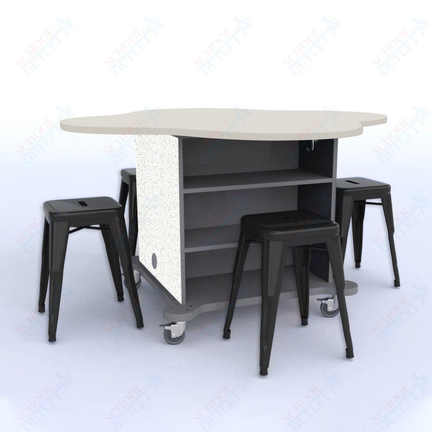 CEF Creation Cube Double-Sided Storage Table - 30"H, High-Pressure Laminate Base and Clover Top - 4 Metal Stools Included