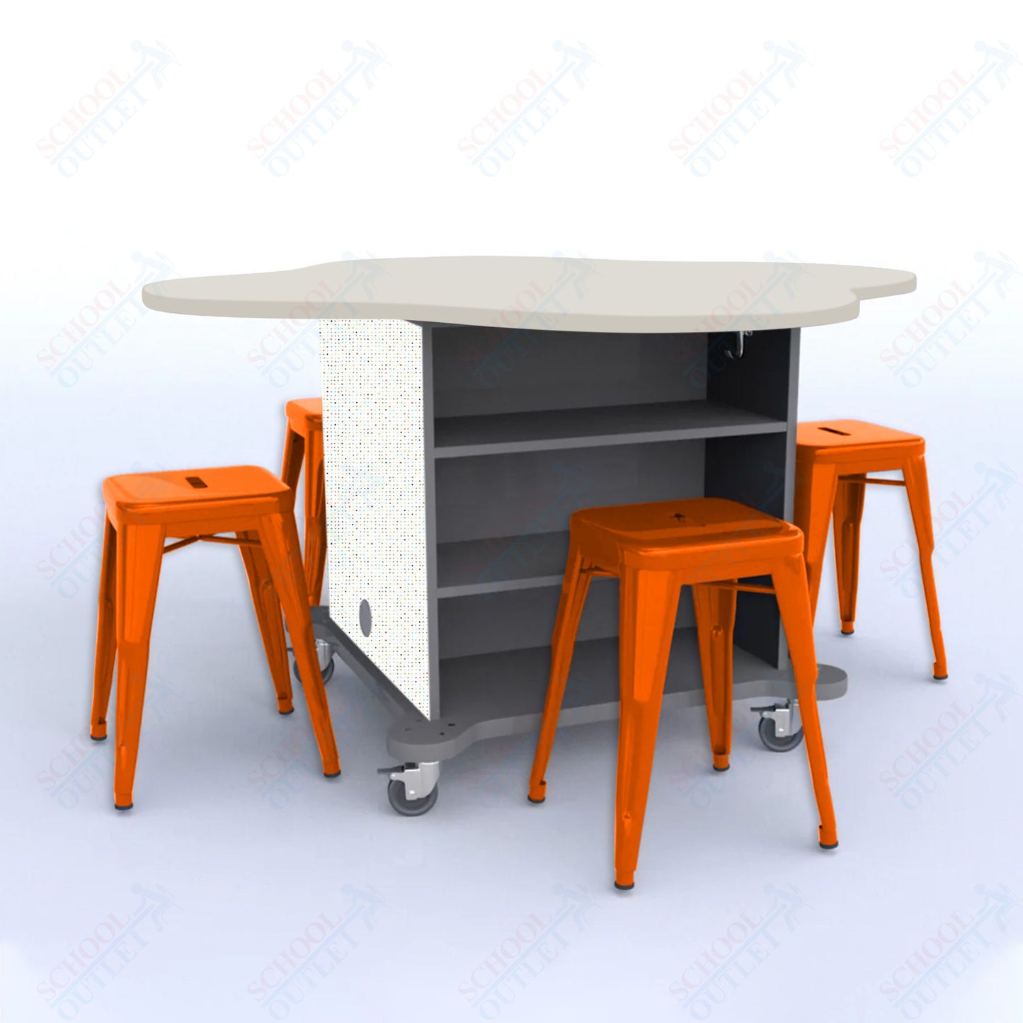 CEF Creation Cube Double-Sided Storage Table - 30"H, High-Pressure Laminate Base and Clover Top - 4 Metal Stools Included