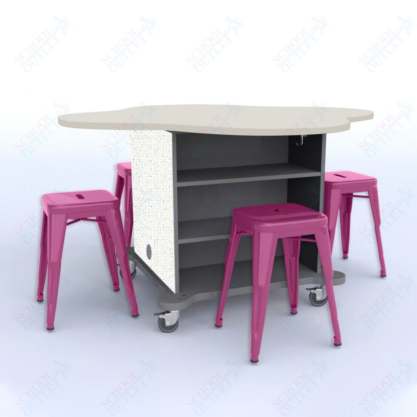 CEF Creation Cube Double-Sided Storage Table - 30"H, High-Pressure Laminate Base and Clover Top - 4 Metal Stools Included