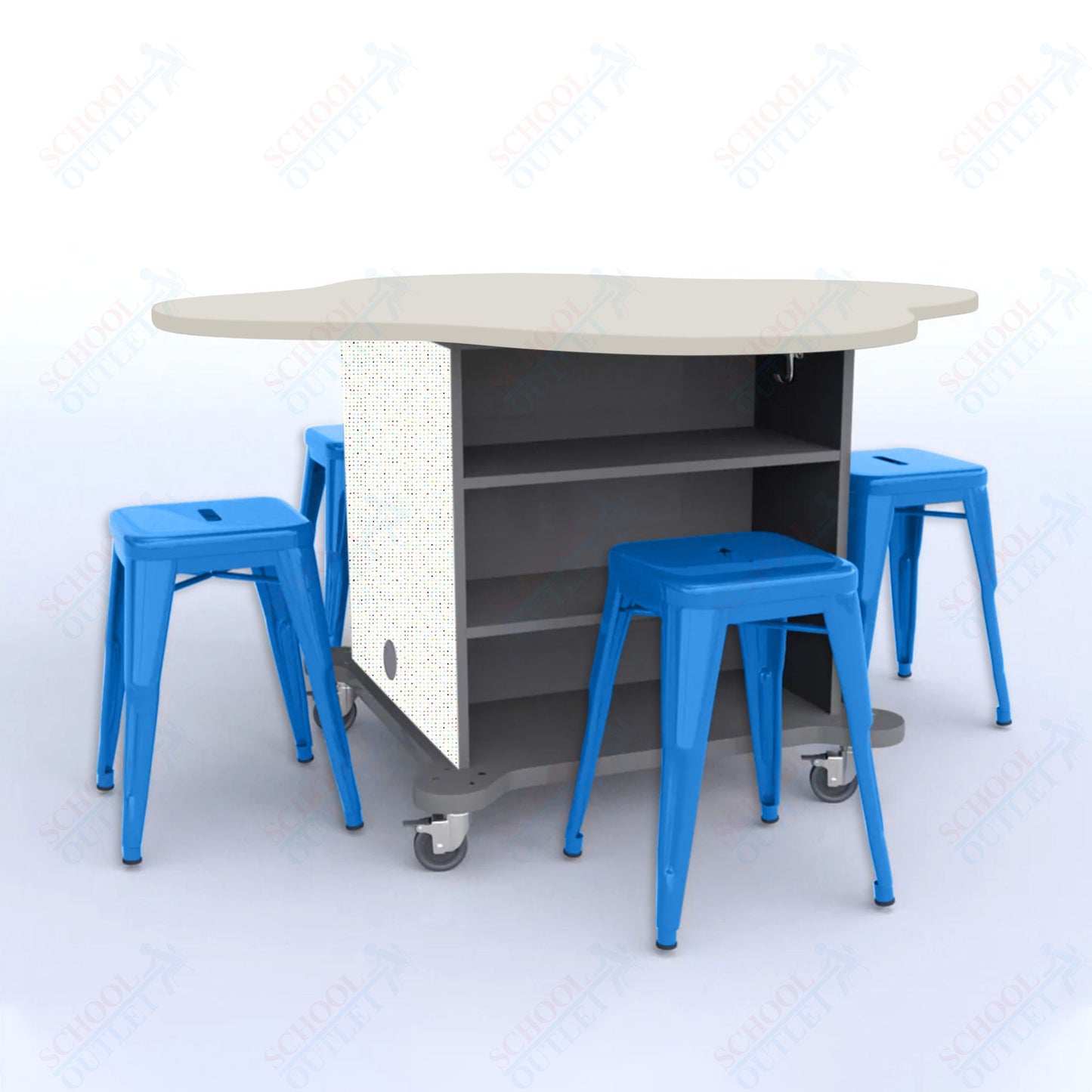CEF Creation Cube Double-Sided Storage Table - 30"H, High-Pressure Laminate Base and Clover Top - 4 Metal Stools Included