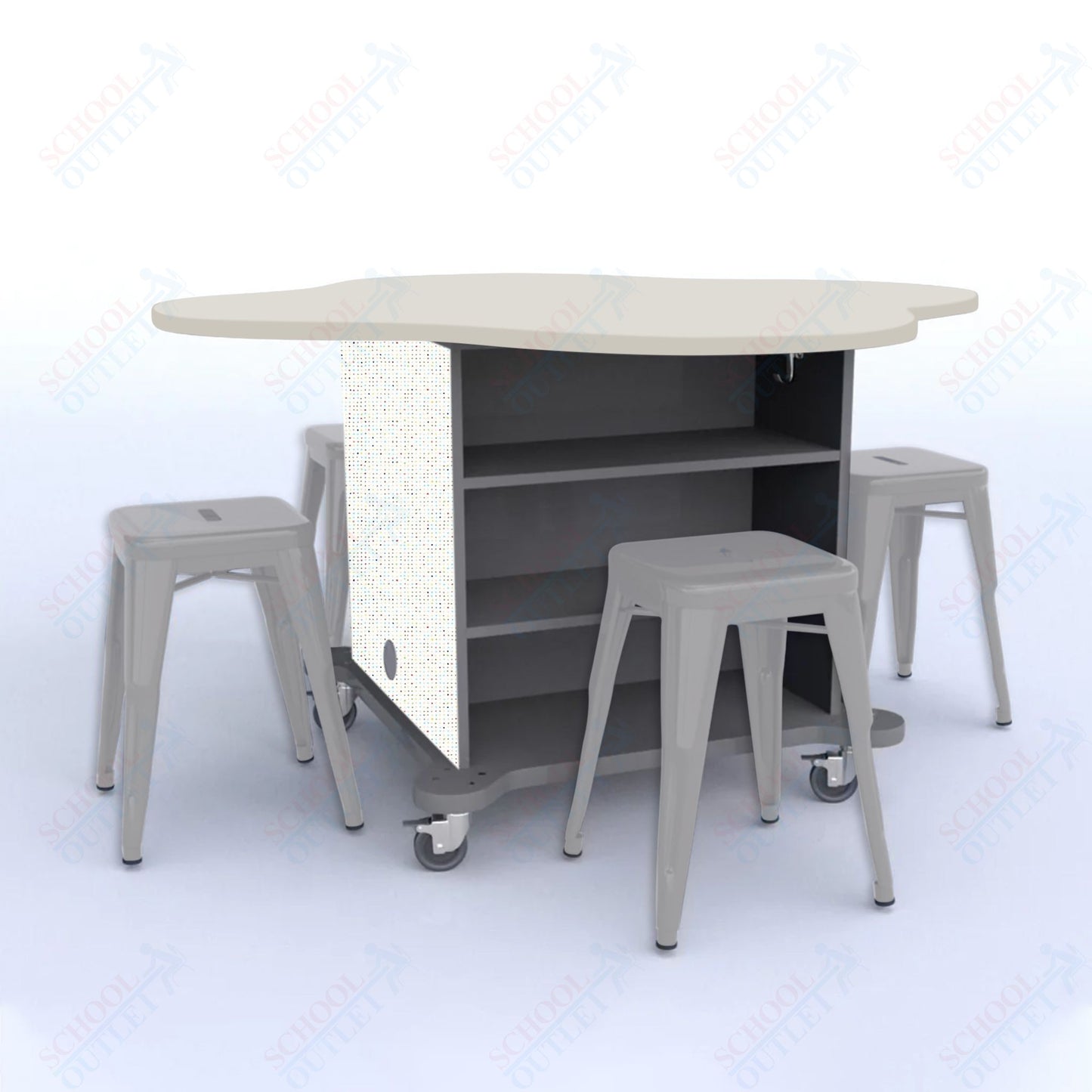 CEF Creation Cube Double-Sided Storage Table - 30"H, High-Pressure Laminate Base and Clover Top - 4 Metal Stools Included