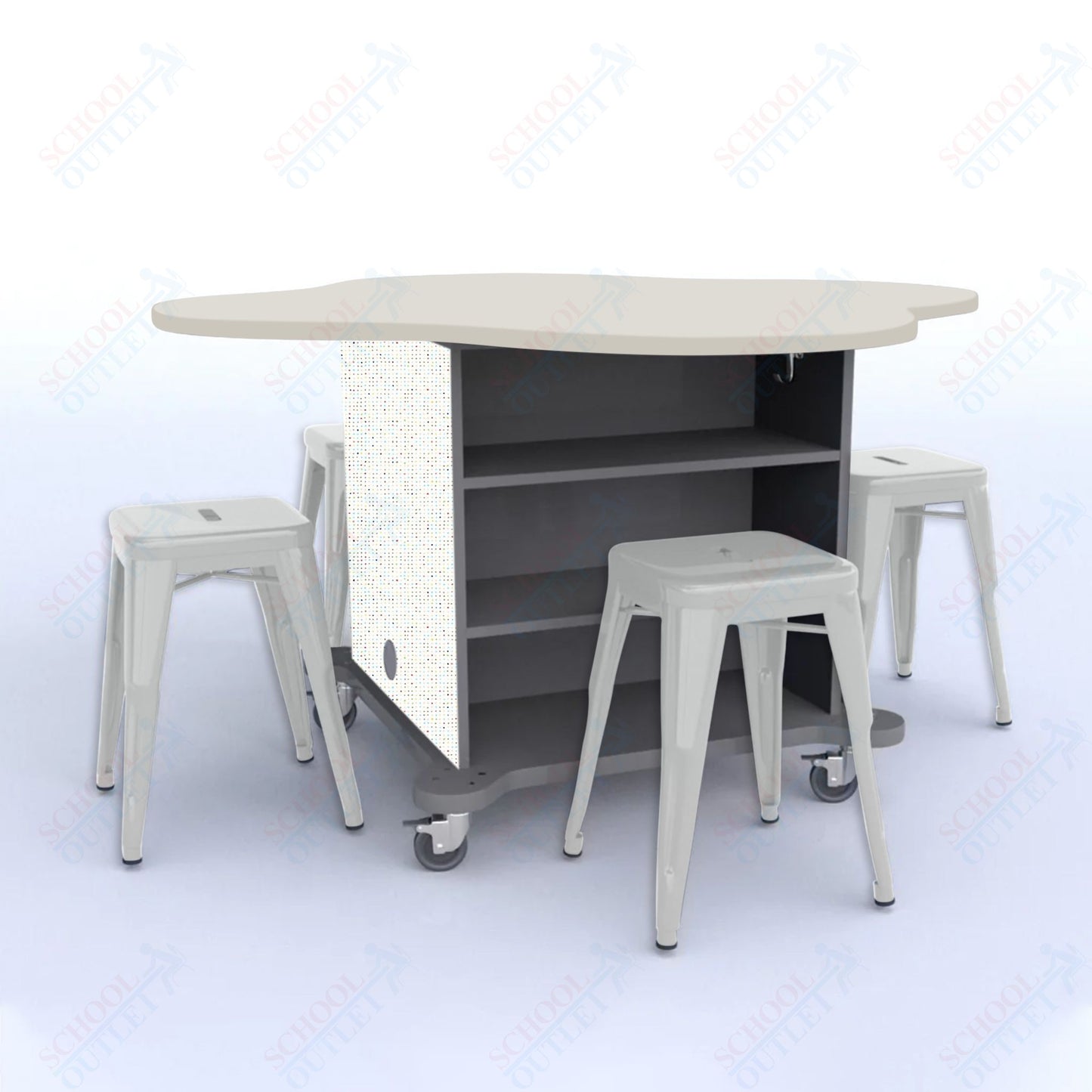 CEF Creation Cube Double-Sided Storage Table - 30"H, High-Pressure Laminate Base and Clover Top - 4 Metal Stools Included