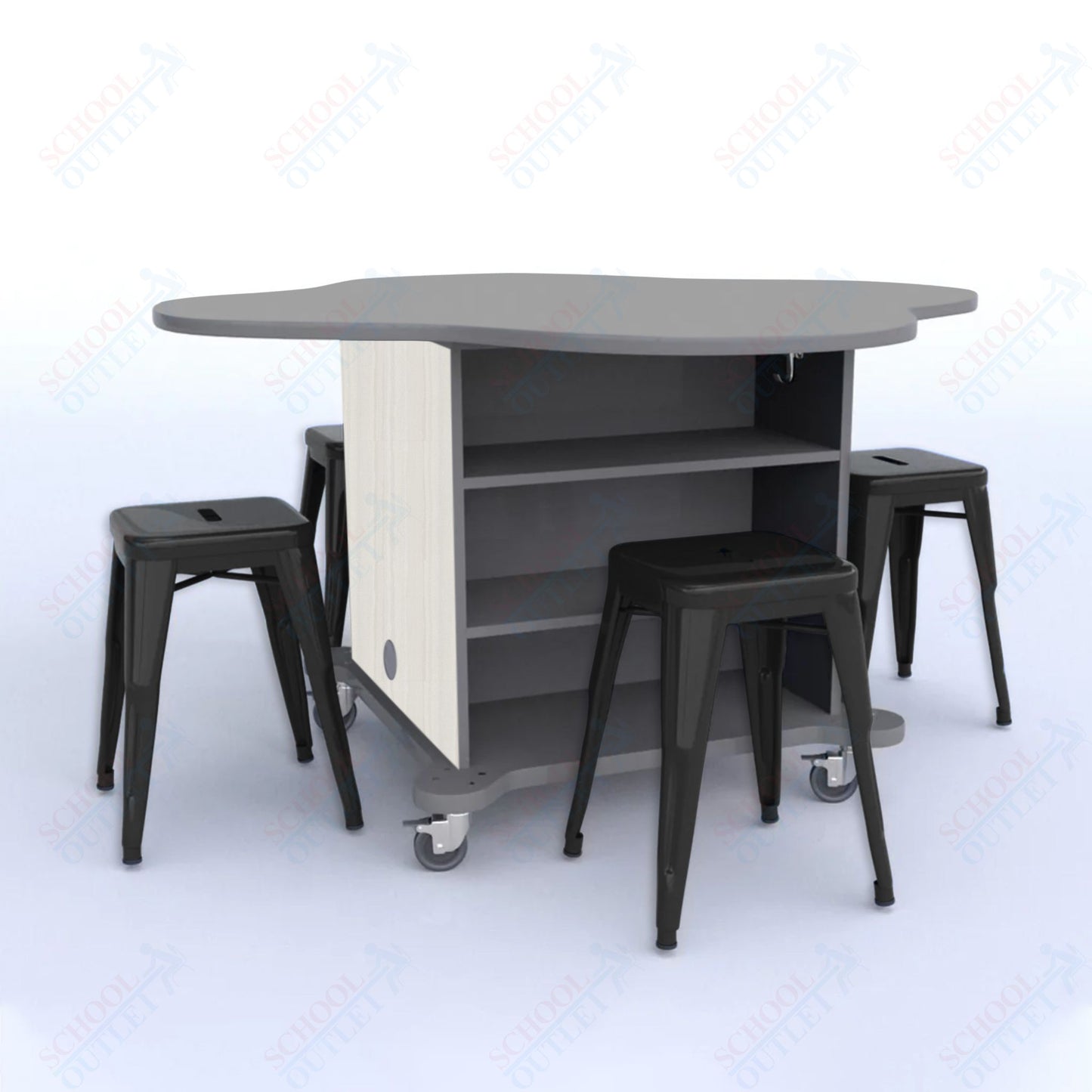 CEF Creation Cube Double-Sided Storage Table - 30"H, High-Pressure Laminate Base and Clover Top - 4 Metal Stools Included
