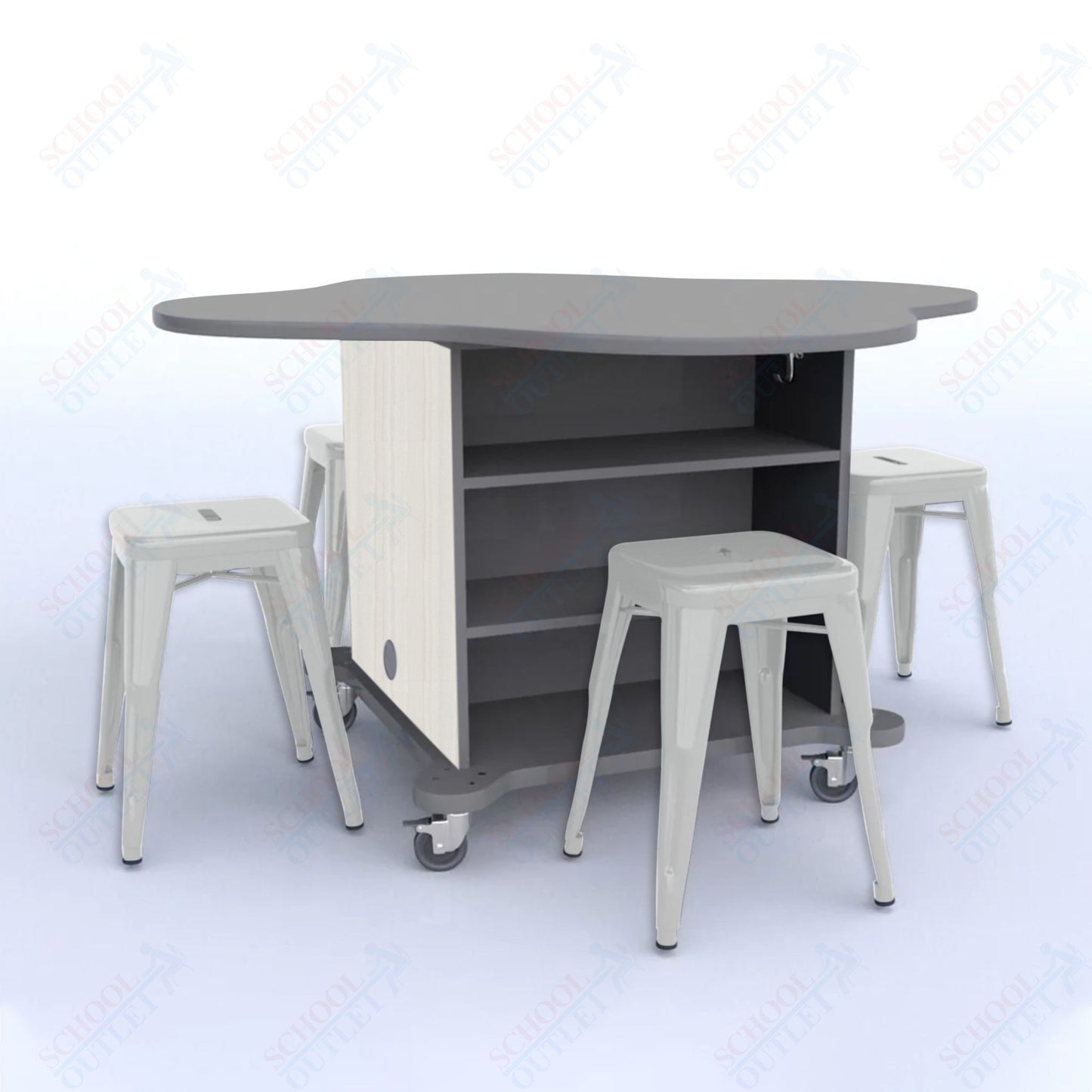 CEF Creation Cube Double-Sided Storage Table - 30"H, High-Pressure Laminate Base and Clover Top - 4 Metal Stools Included