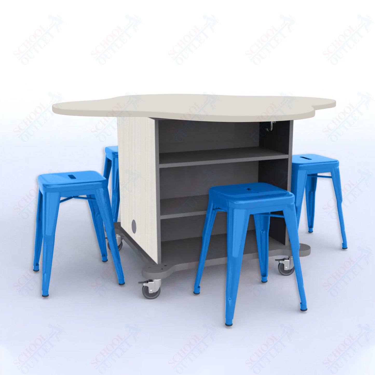 CEF Creation Cube Double-Sided Storage Table - 30"H, High-Pressure Laminate Base and Clover Top - 4 Metal Stools Included