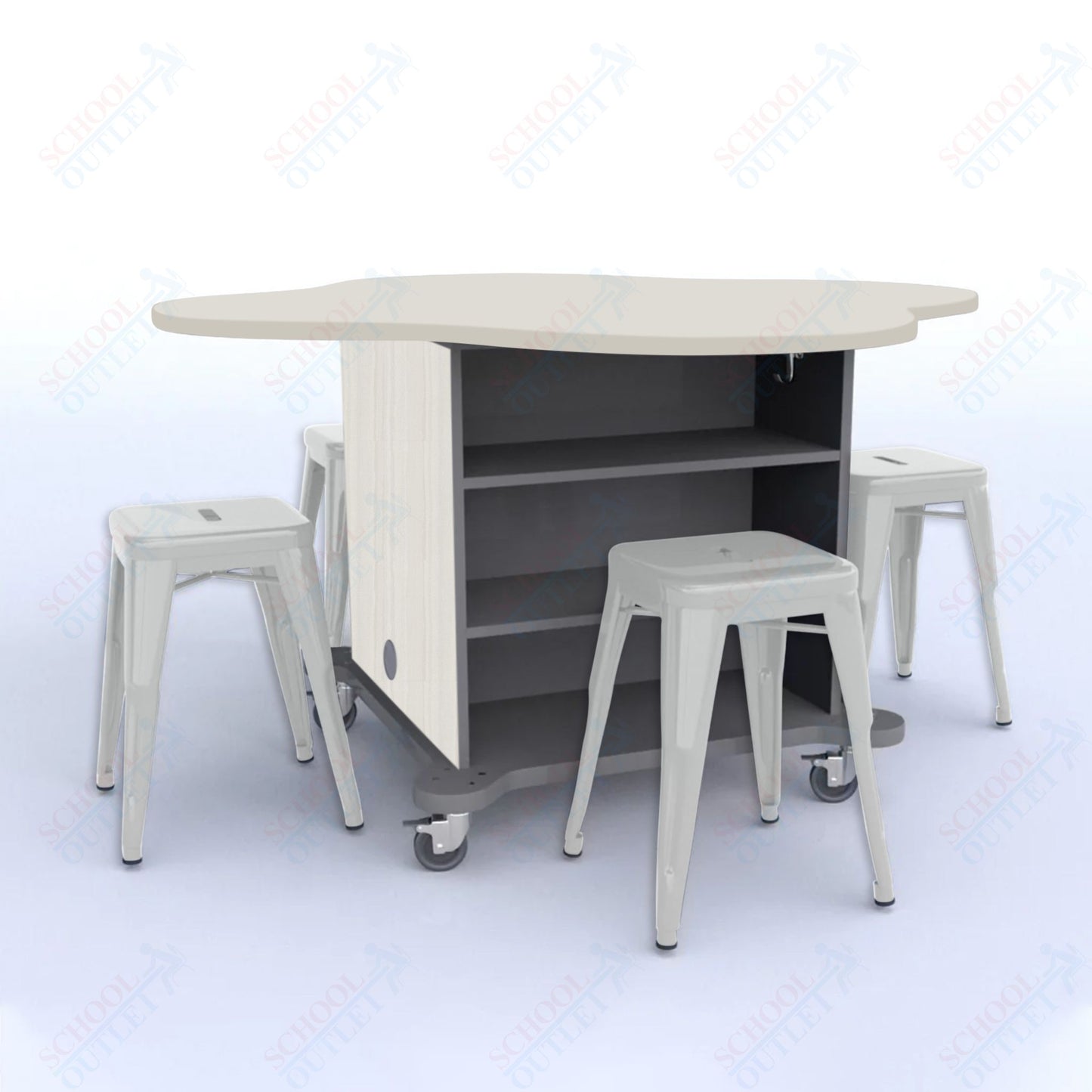 CEF Creation Cube Double-Sided Storage Table - 30"H, High-Pressure Laminate Base and Clover Top - 4 Metal Stools Included