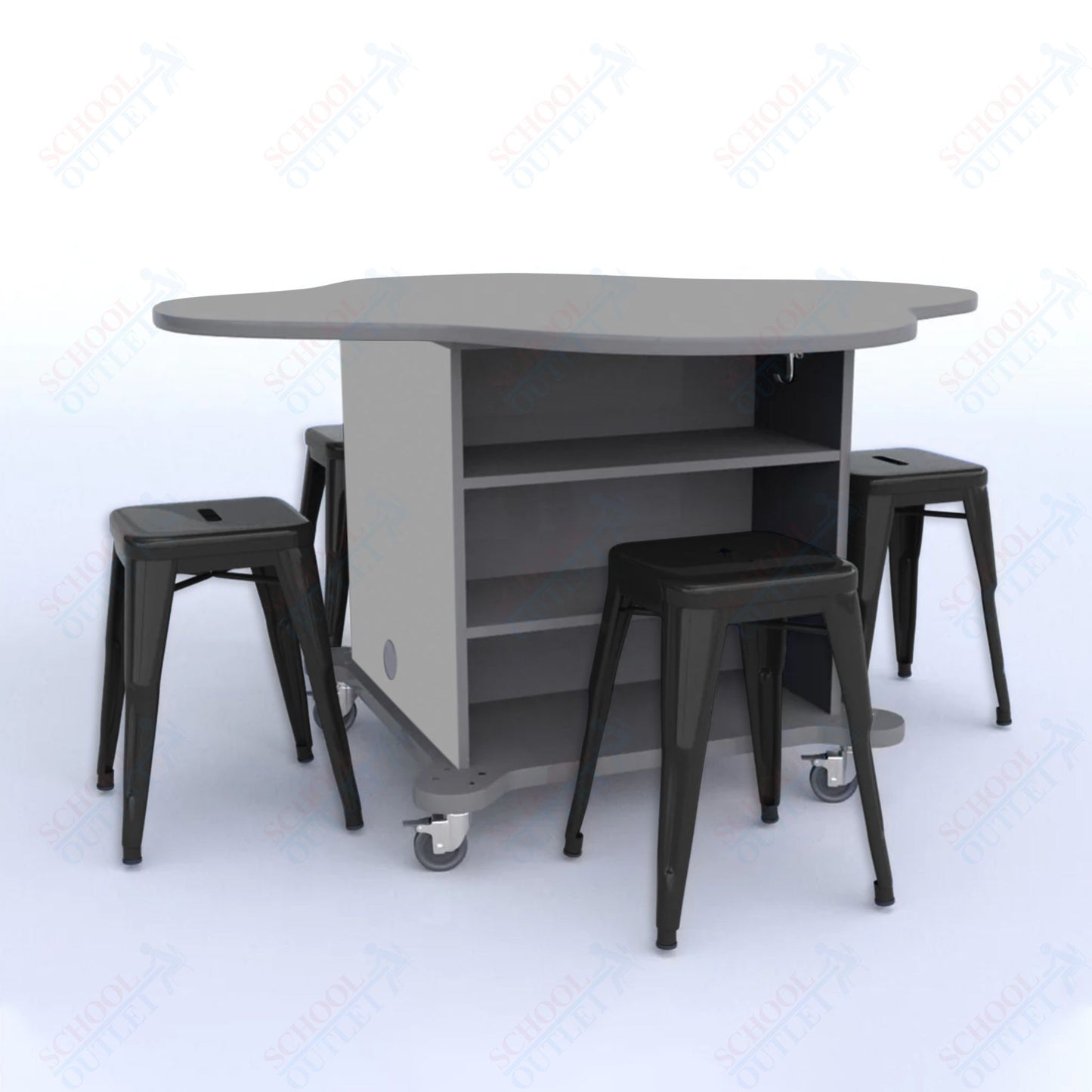 CEF Creation Cube Double-Sided Storage Table - 30"H, High-Pressure Laminate Base and Clover Top - 4 Metal Stools Included