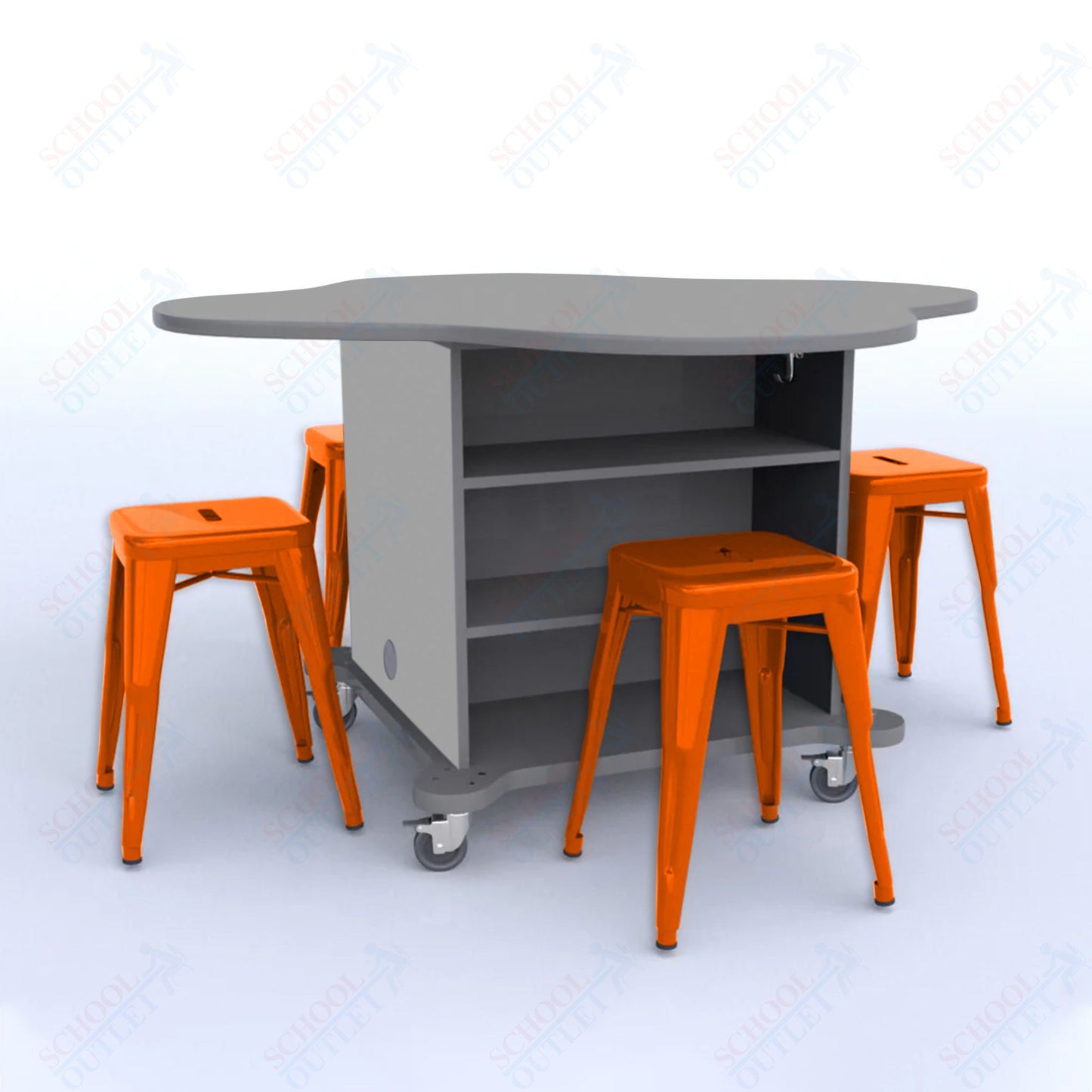 CEF Creation Cube Double-Sided Storage Table - 30"H, High-Pressure Laminate Base and Clover Top - 4 Metal Stools Included