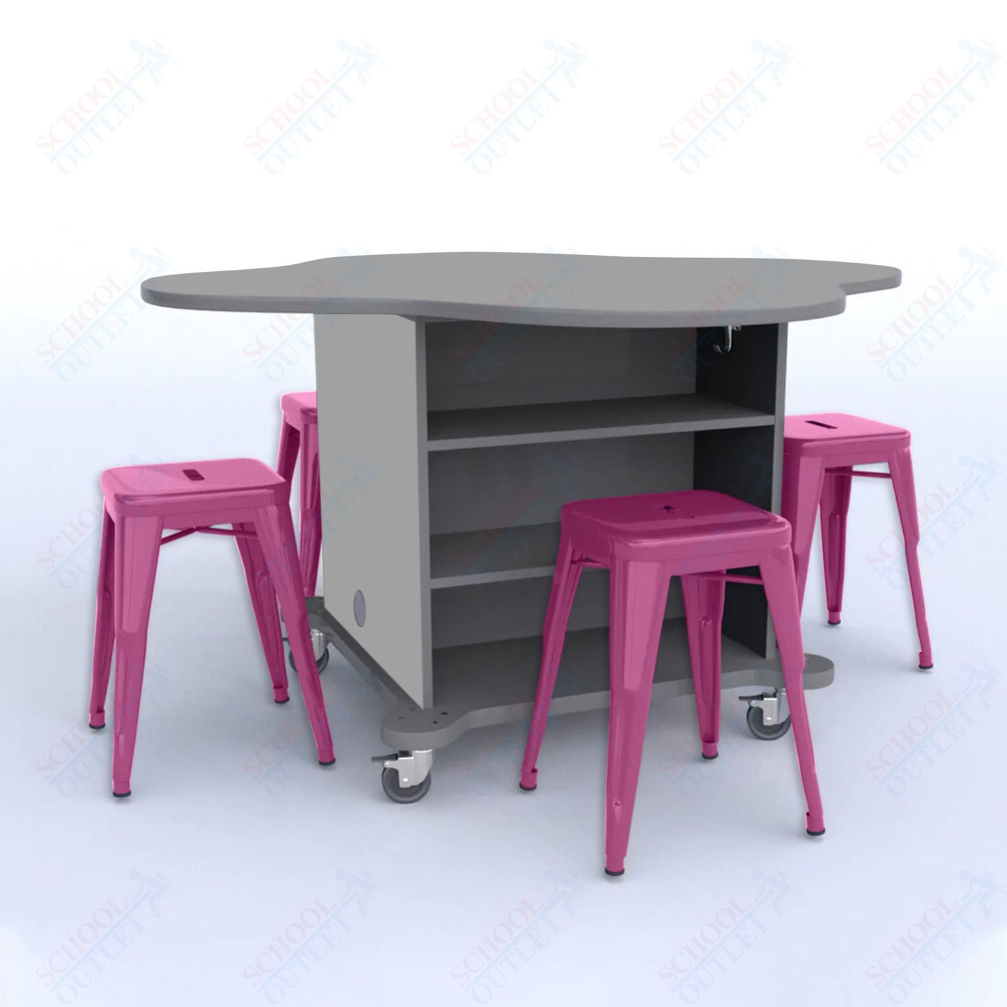 CEF Creation Cube Double-Sided Storage Table - 30"H, High-Pressure Laminate Base and Clover Top - 4 Metal Stools Included