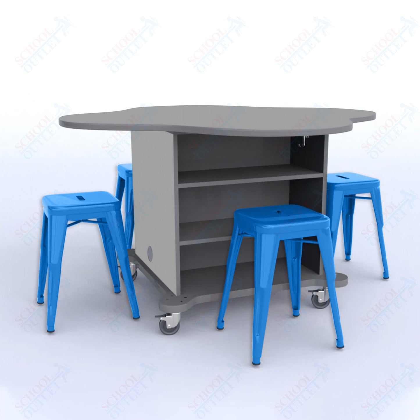 CEF Creation Cube Double-Sided Storage Table - 30"H, High-Pressure Laminate Base and Clover Top - 4 Metal Stools Included