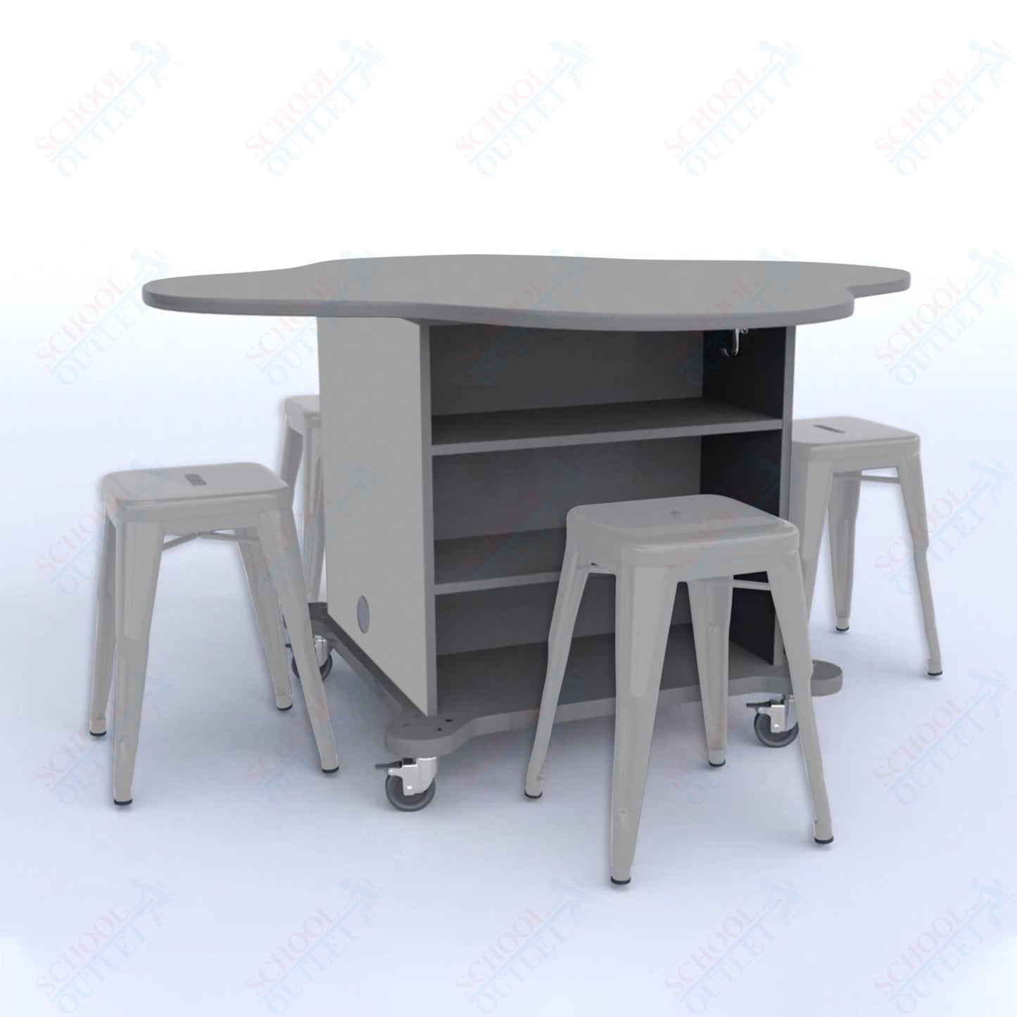 CEF Creation Cube Double-Sided Storage Table - 30"H, High-Pressure Laminate Base and Clover Top - 4 Metal Stools Included