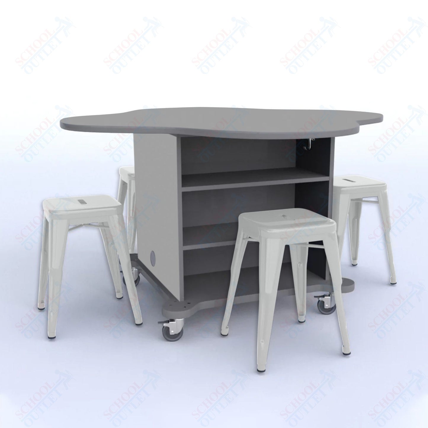 CEF Creation Cube Double-Sided Storage Table - 30"H, High-Pressure Laminate Base and Clover Top - 4 Metal Stools Included
