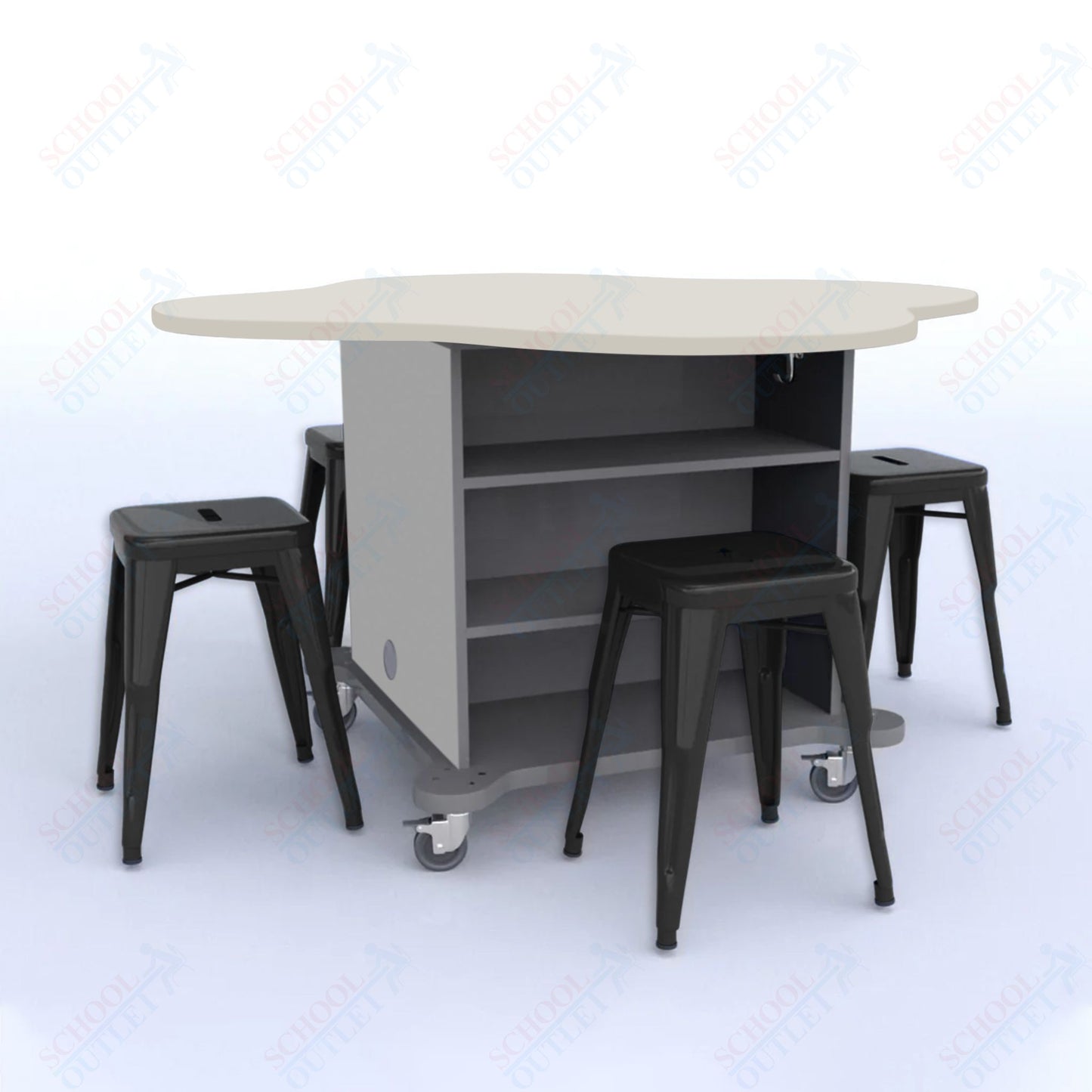 CEF Creation Cube Double-Sided Storage Table - 30"H, High-Pressure Laminate Base and Clover Top - 4 Metal Stools Included