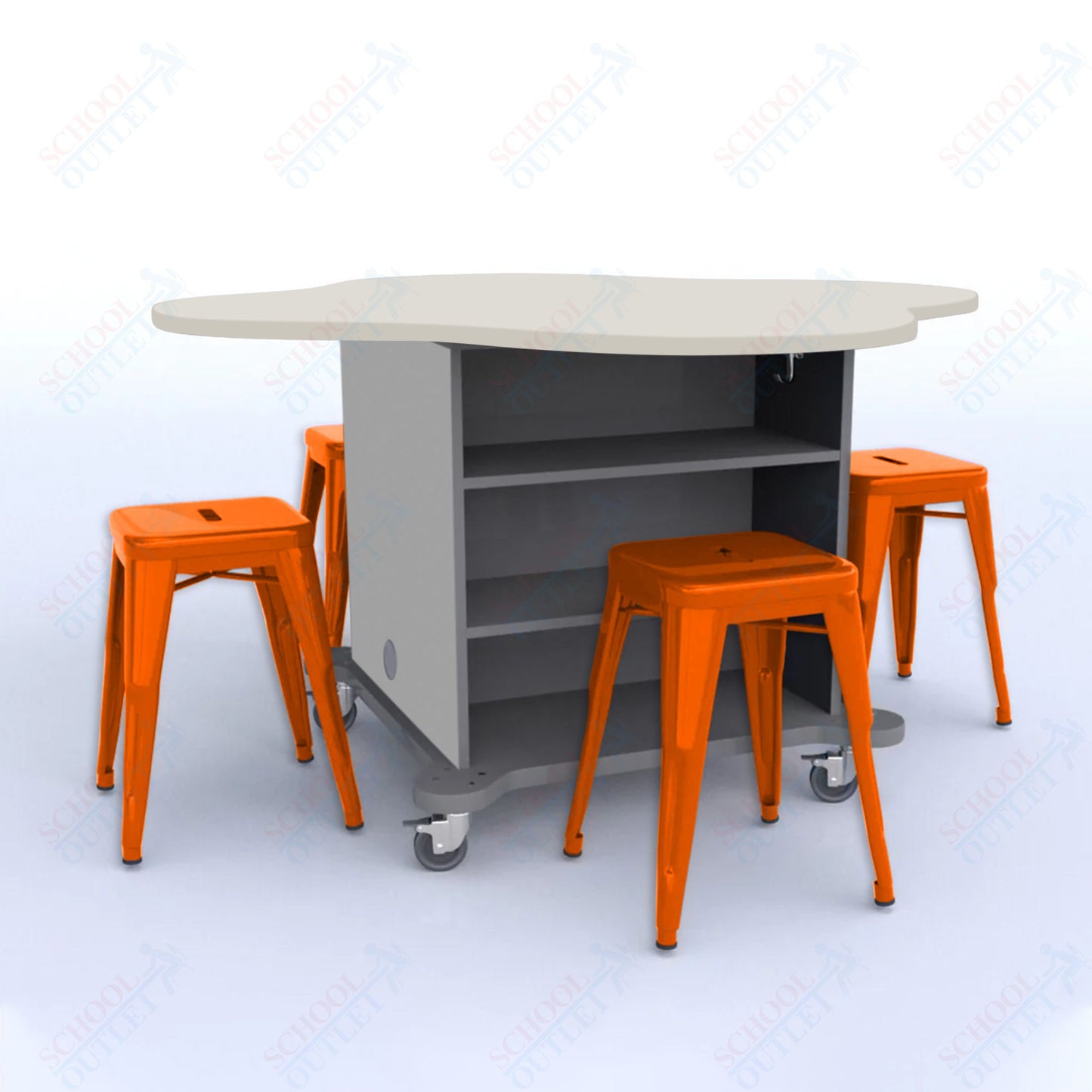 CEF Creation Cube Double-Sided Storage Table - 30"H, High-Pressure Laminate Base and Clover Top - 4 Metal Stools Included
