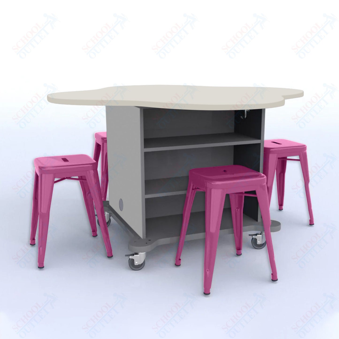 CEF Creation Cube Double-Sided Storage Table - 30"H, High-Pressure Laminate Base and Clover Top - 4 Metal Stools Included