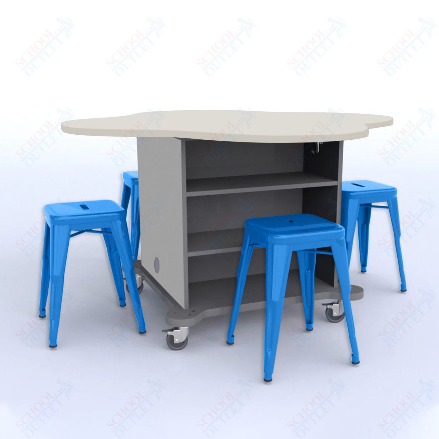 CEF Creation Cube Double-Sided Storage Table - 30"H, High-Pressure Laminate Base and Clover Top - 4 Metal Stools Included
