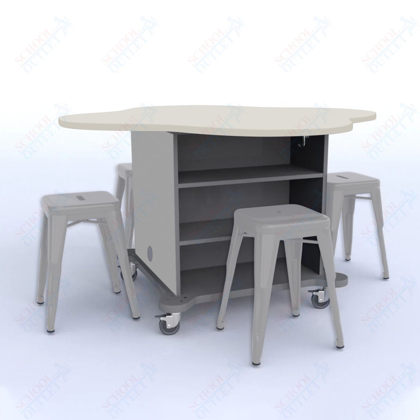 CEF Creation Cube Double-Sided Storage Table - 30"H, High-Pressure Laminate Base and Clover Top - 4 Metal Stools Included