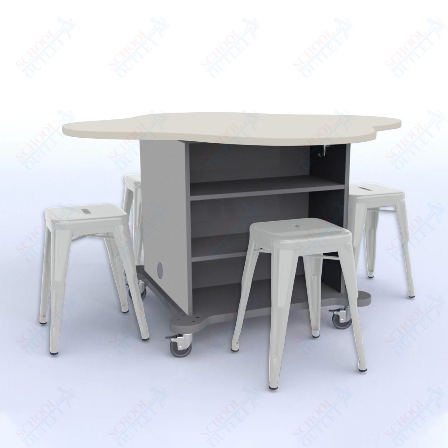 CEF Creation Cube Double-Sided Storage Table - 30"H, High-Pressure Laminate Base and Clover Top - 4 Metal Stools Included
