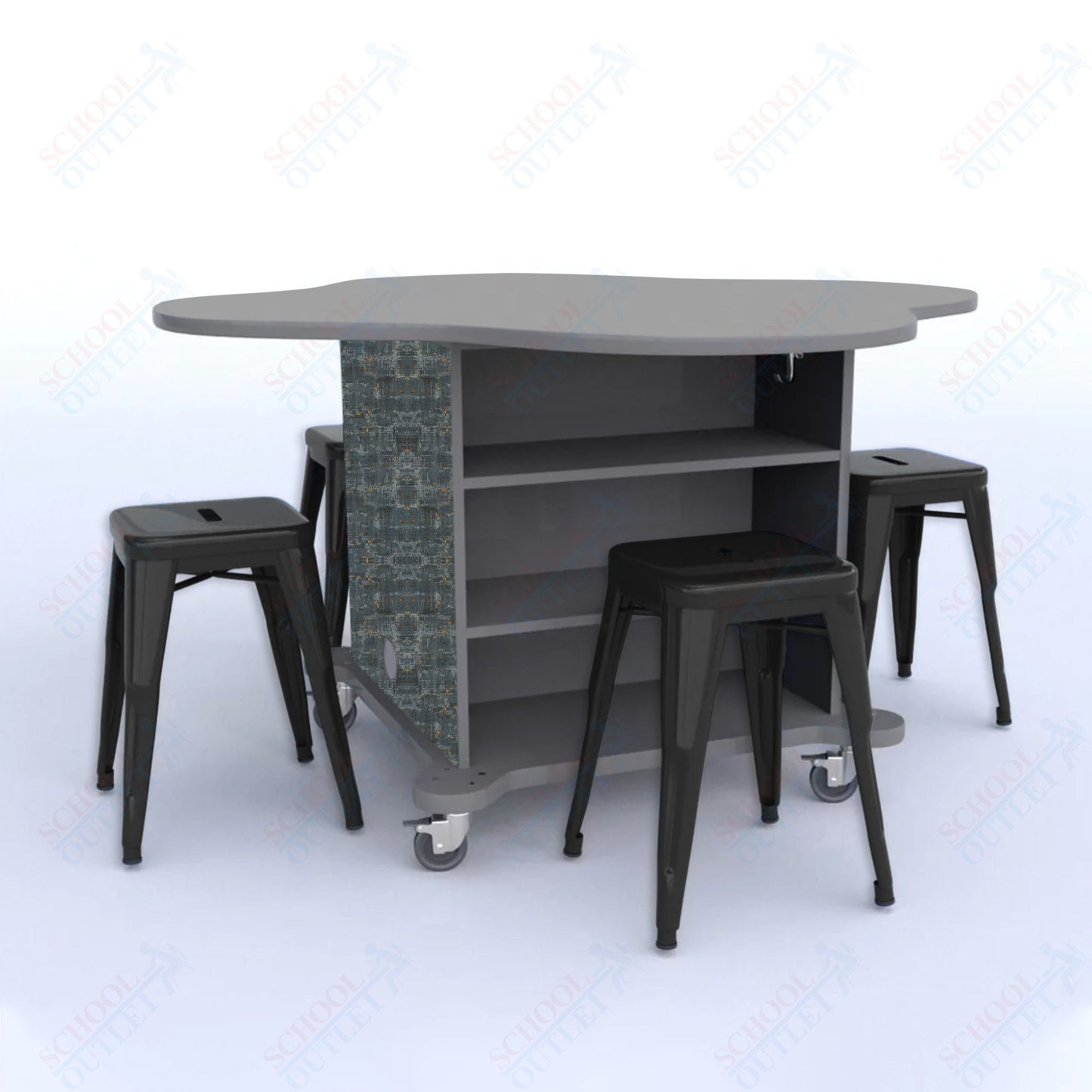 CEF Creation Cube Double-Sided Storage Table - 30"H, High-Pressure Laminate Base and Clover Top - 4 Metal Stools Included