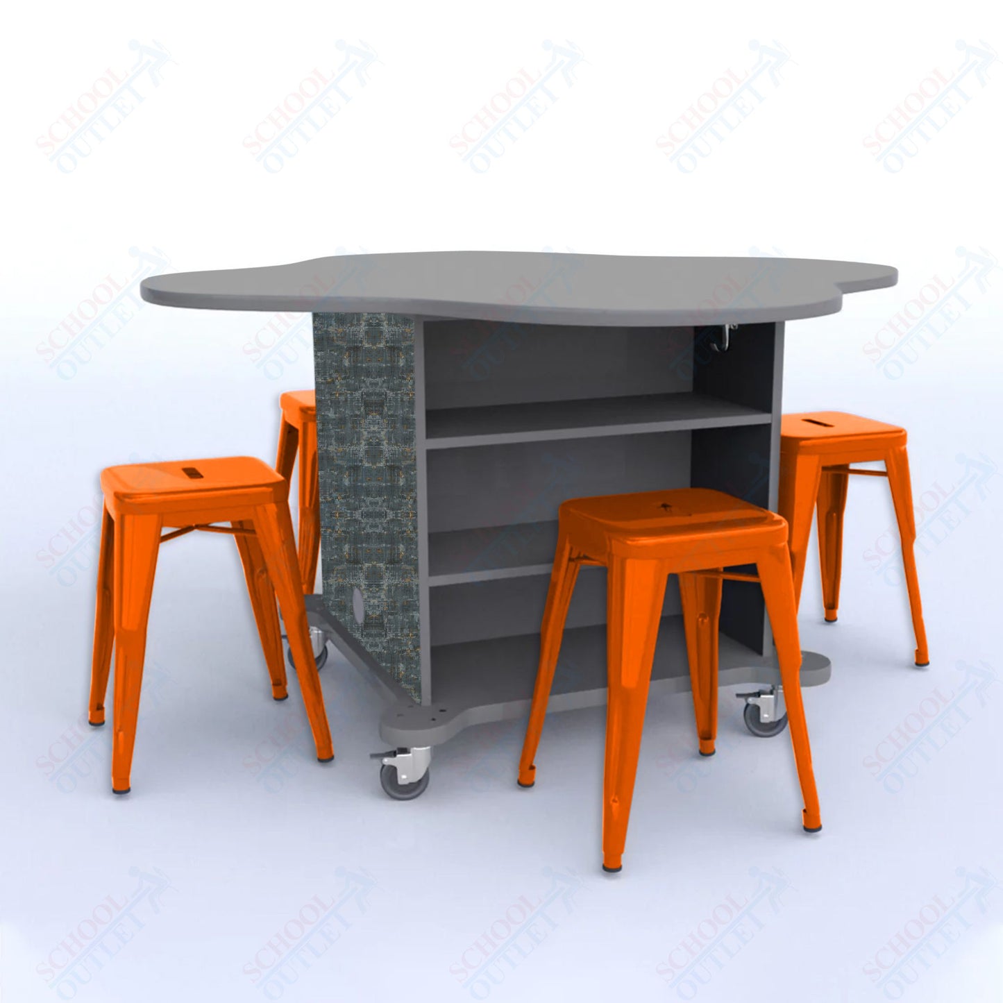 CEF Creation Cube Double-Sided Storage Table - 30"H, High-Pressure Laminate Base and Clover Top - 4 Metal Stools Included