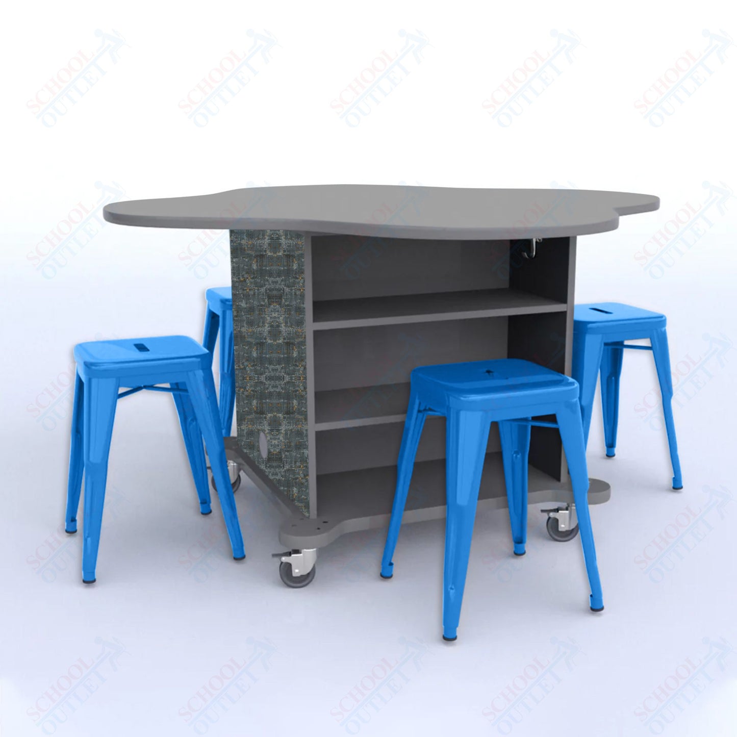 CEF Creation Cube Double-Sided Storage Table - 30"H, High-Pressure Laminate Base and Clover Top - 4 Metal Stools Included