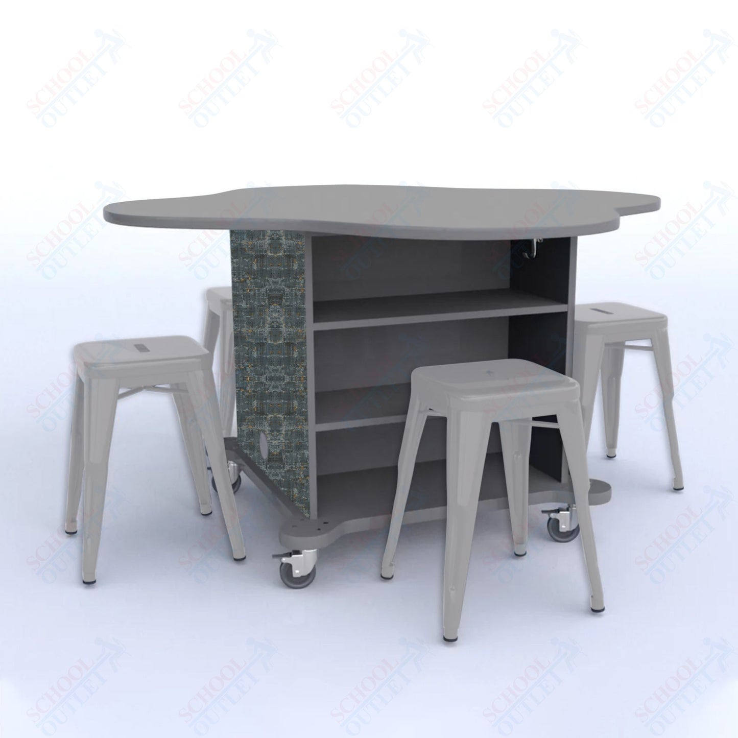 CEF Creation Cube Double-Sided Storage Table - 30"H, High-Pressure Laminate Base and Clover Top - 4 Metal Stools Included
