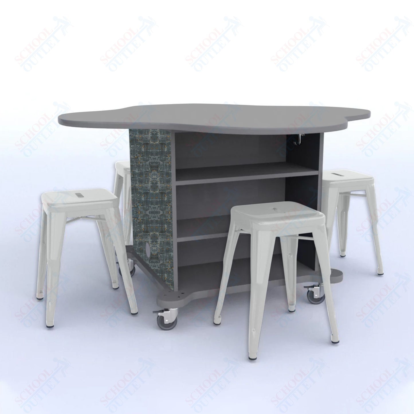 CEF Creation Cube Double-Sided Storage Table - 30"H, High-Pressure Laminate Base and Clover Top - 4 Metal Stools Included