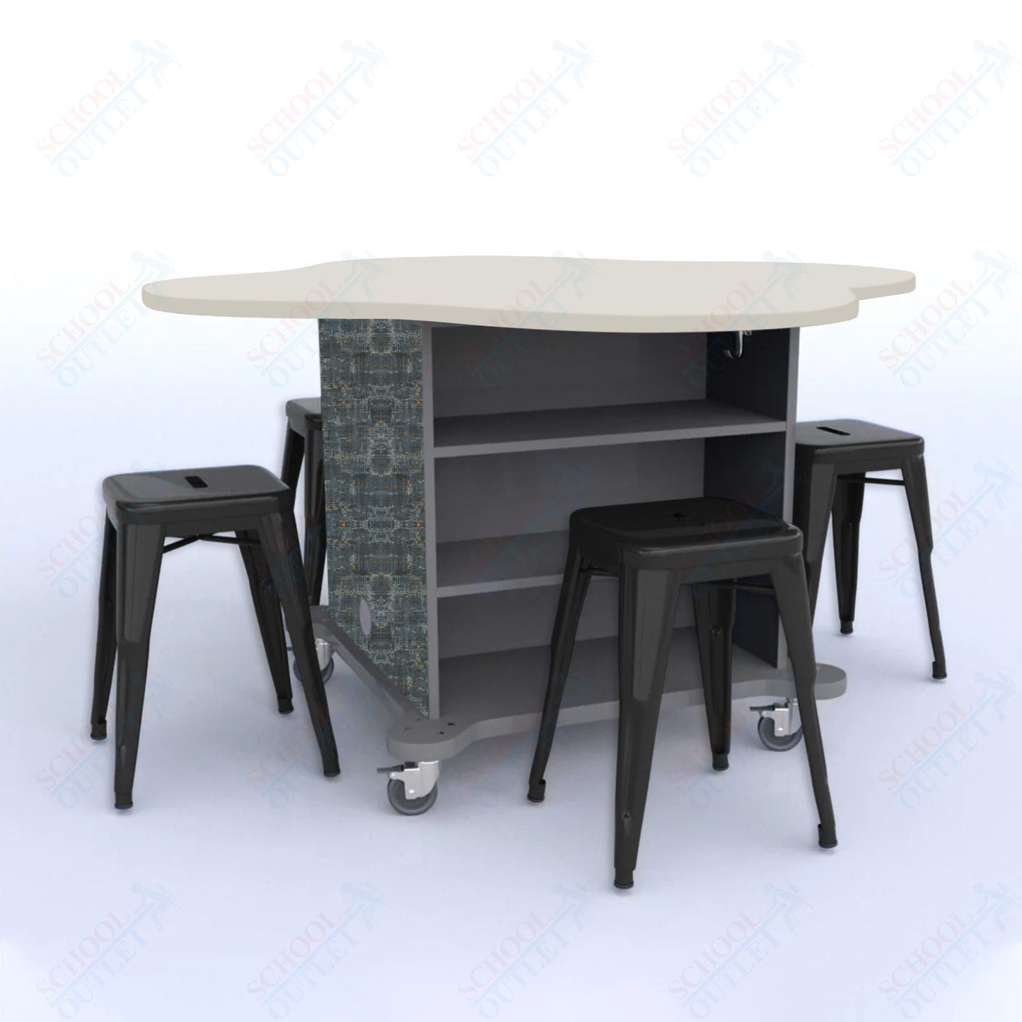 CEF Creation Cube Double-Sided Storage Table - 30"H, High-Pressure Laminate Base and Clover Top - 4 Metal Stools Included