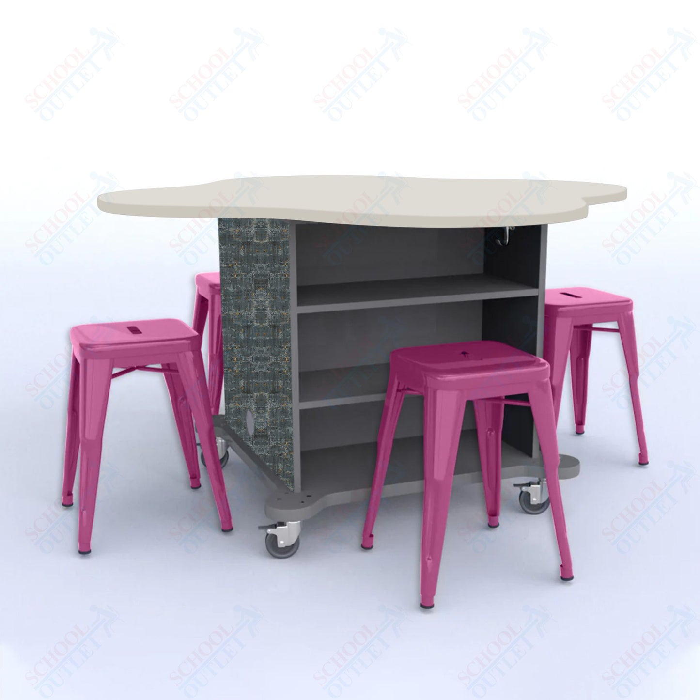 CEF Creation Cube Double-Sided Storage Table - 30"H, High-Pressure Laminate Base and Clover Top - 4 Metal Stools Included