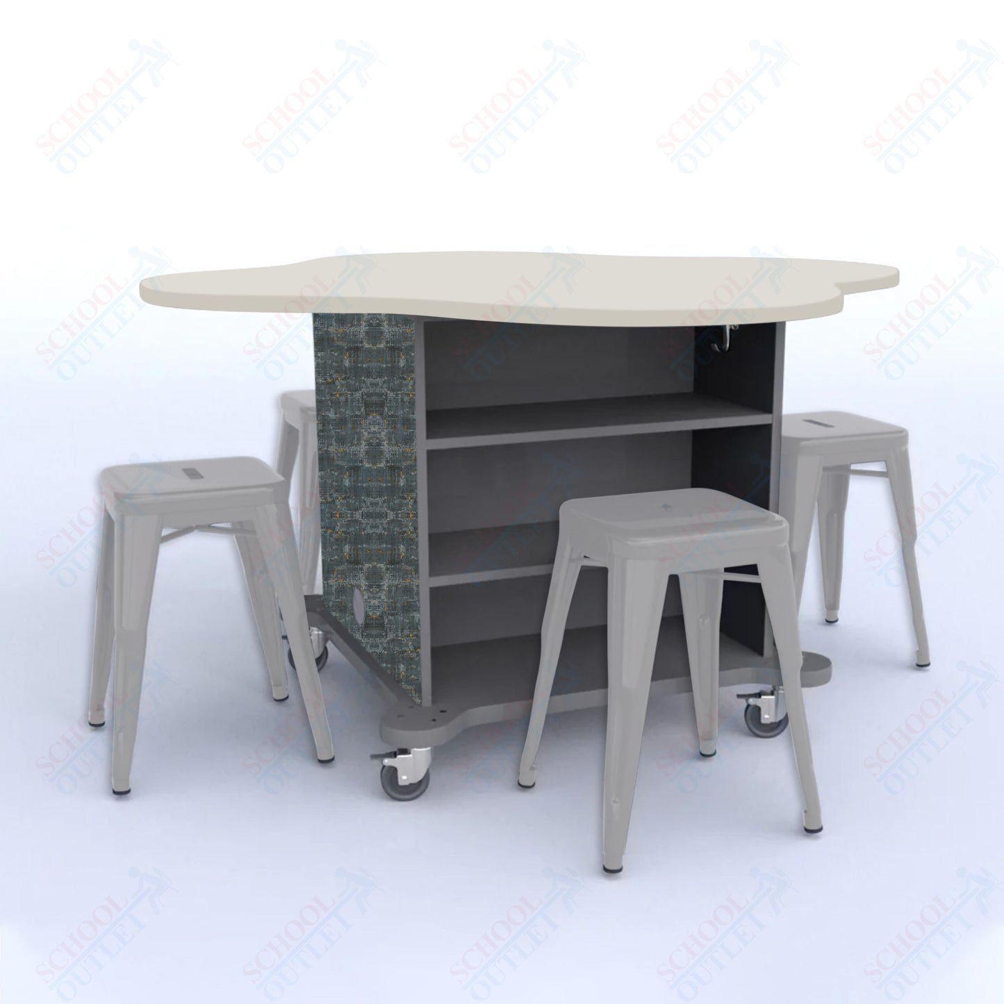CEF Creation Cube Double-Sided Storage Table - 30"H, High-Pressure Laminate Base and Clover Top - 4 Metal Stools Included