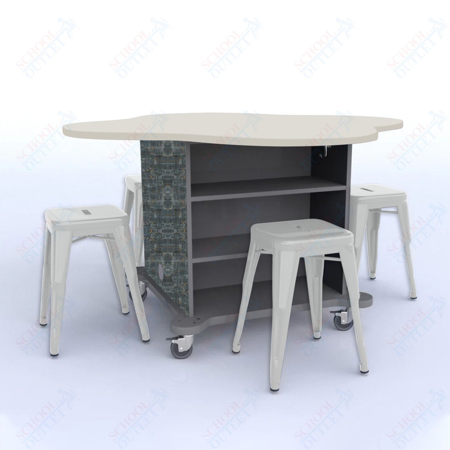 CEF Creation Cube Double-Sided Storage Table - 30"H, High-Pressure Laminate Base and Clover Top - 4 Metal Stools Included