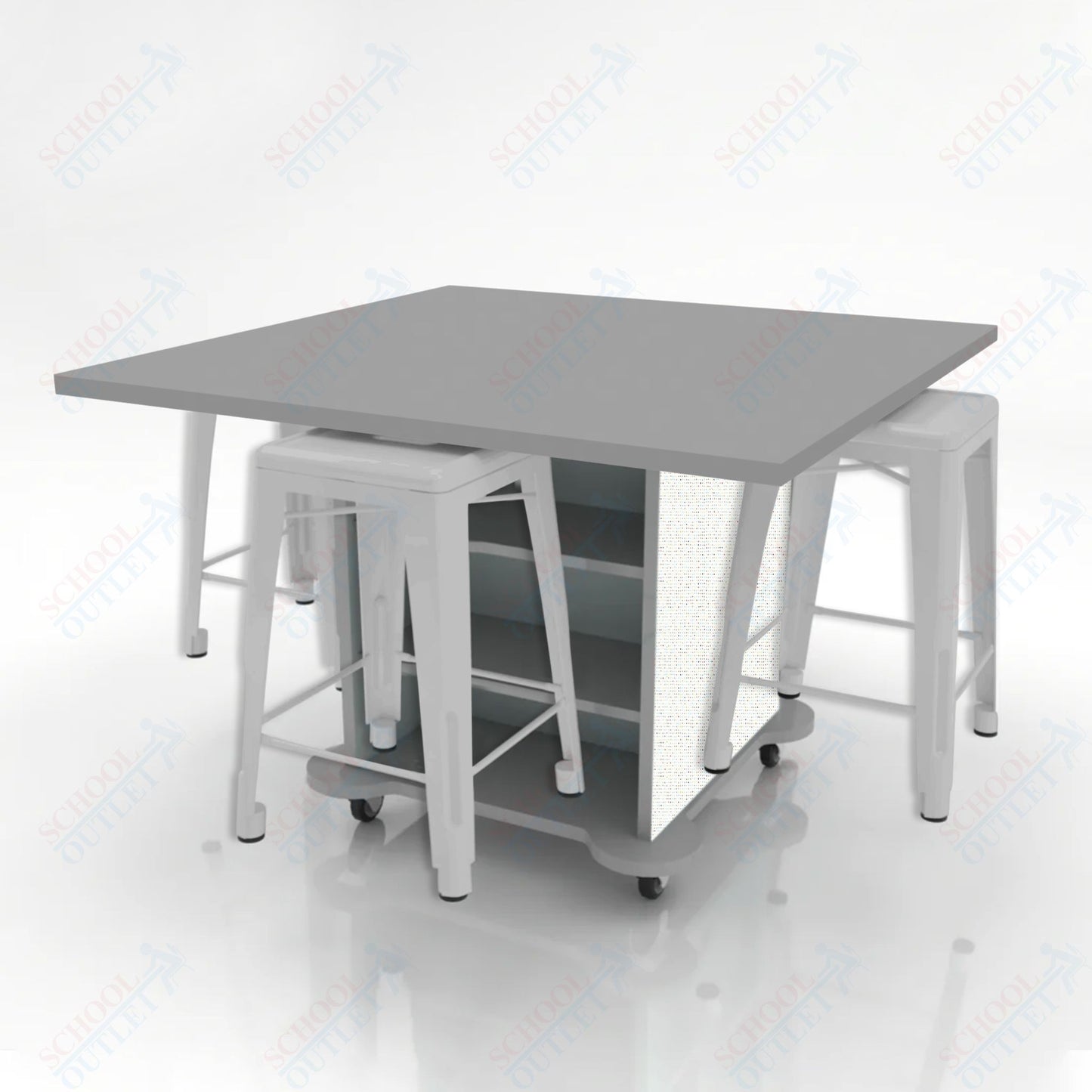 CEF Creation Cube Double-Sided Storage Table - 34"H, High-Pressure Laminate Base and Square Top - 4 Metal Stools Included