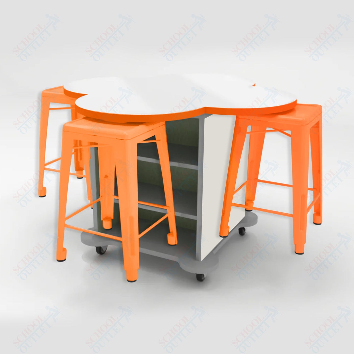 CEF Creation Cube Double-Sided Storage Table - 34"H, White Dry Erase Clover Top, High-Pressure Laminate Base and 4 Metal Stools Included