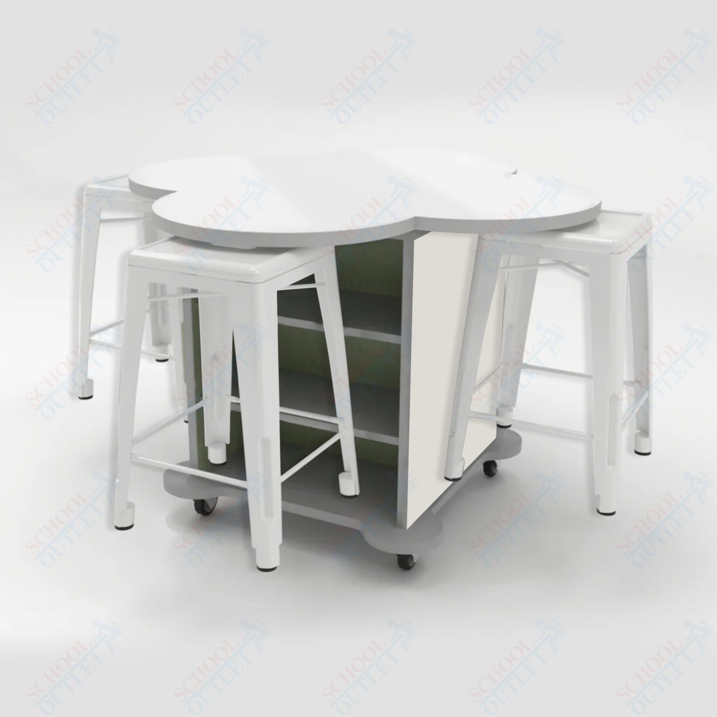 CEF Creation Cube Double-Sided Storage Table - 34"H, White Dry Erase Clover Top, High-Pressure Laminate Base and 4 Metal Stools Included
