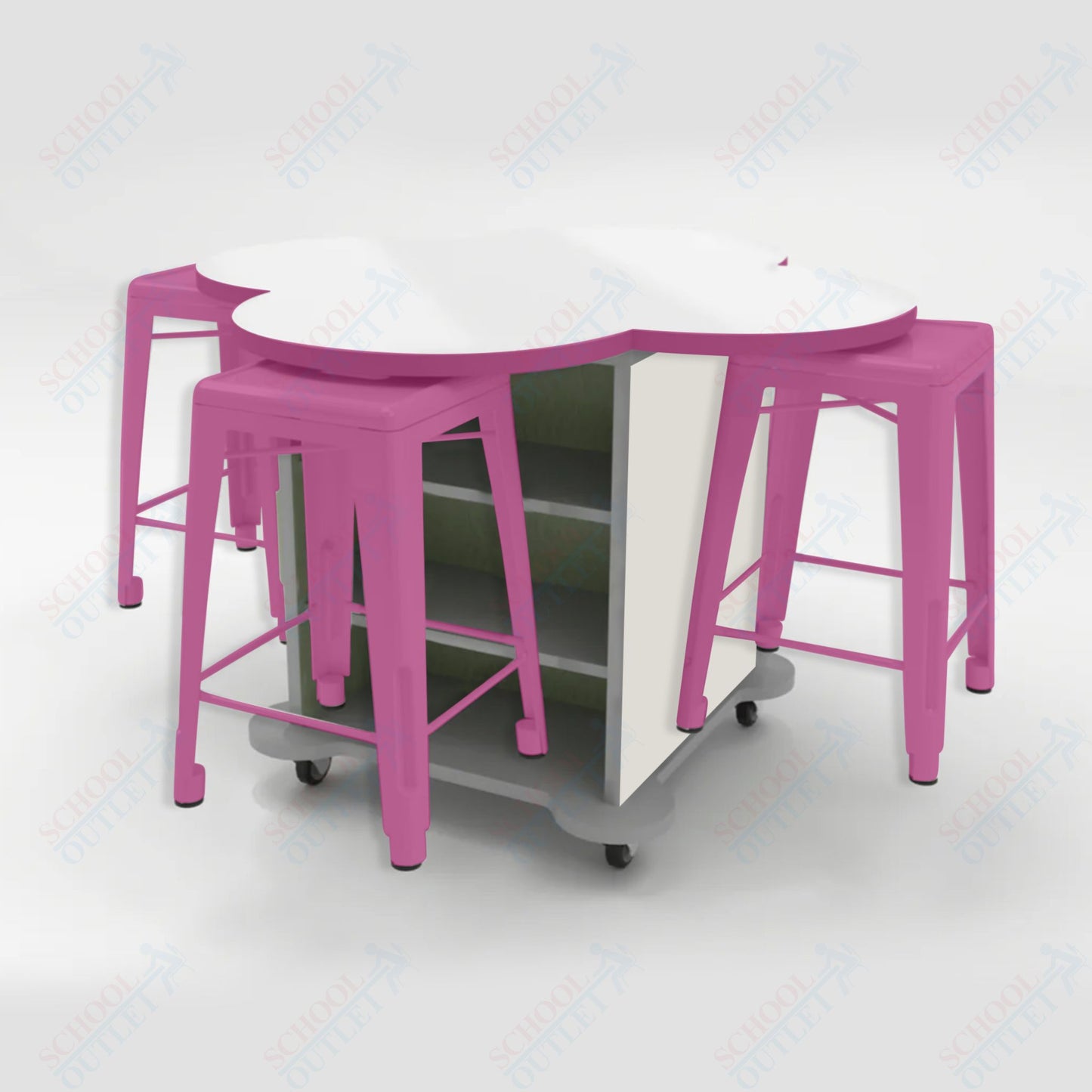 CEF Creation Cube Double-Sided Storage Table - 34"H, White Dry Erase Clover Top, High-Pressure Laminate Base and 4 Metal Stools Included