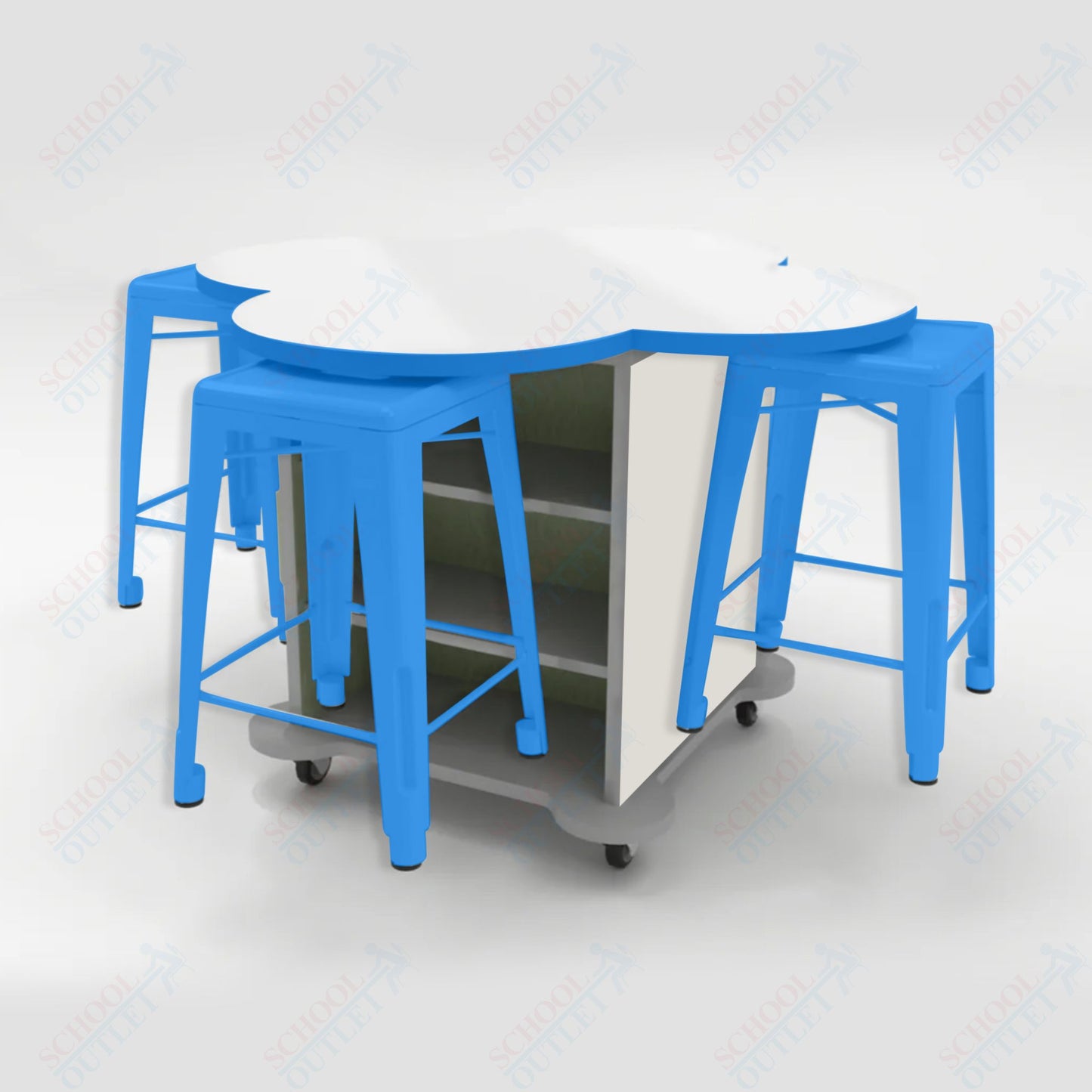 CEF Creation Cube Double-Sided Storage Table - 34"H, White Dry Erase Clover Top, High-Pressure Laminate Base and 4 Metal Stools Included