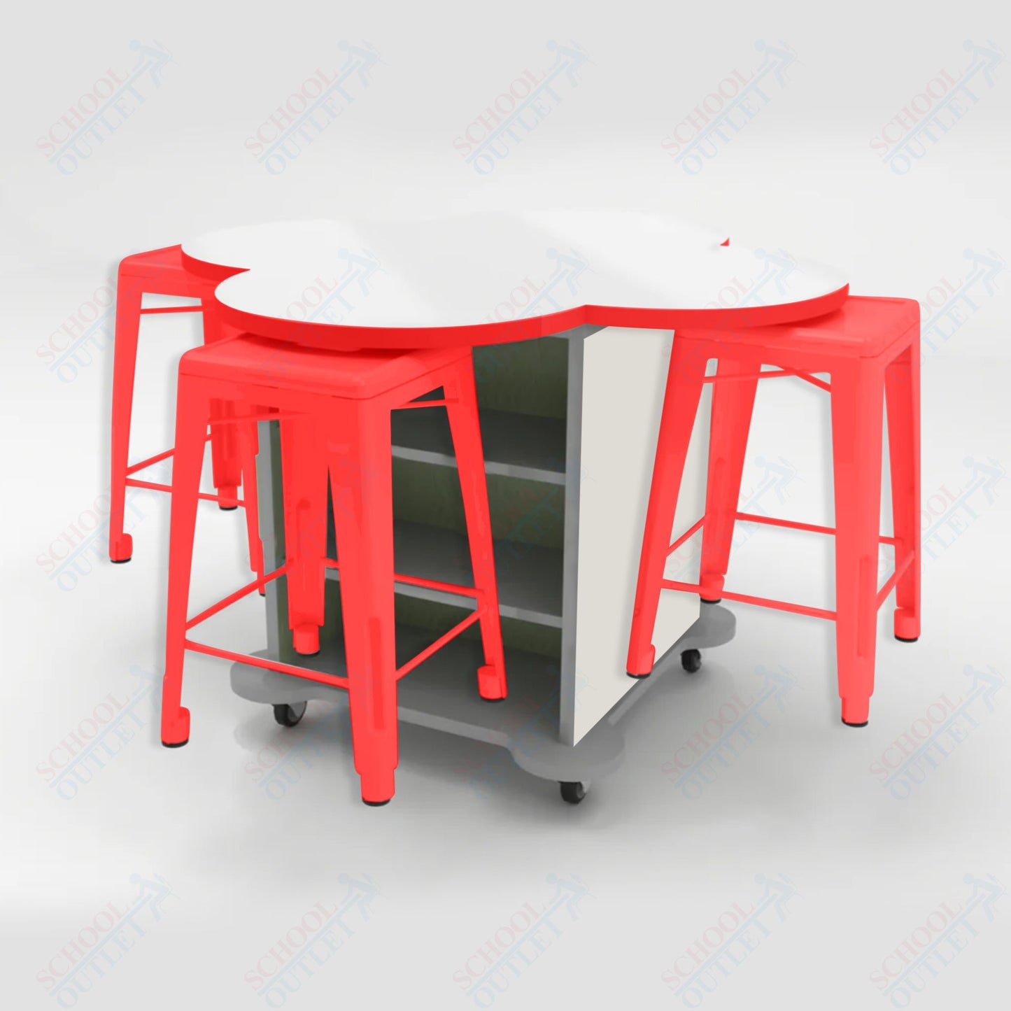 CEF Creation Cube Double-Sided Storage Table - 34"H, White Dry Erase Clover Top, High-Pressure Laminate Base and 4 Metal Stools Included